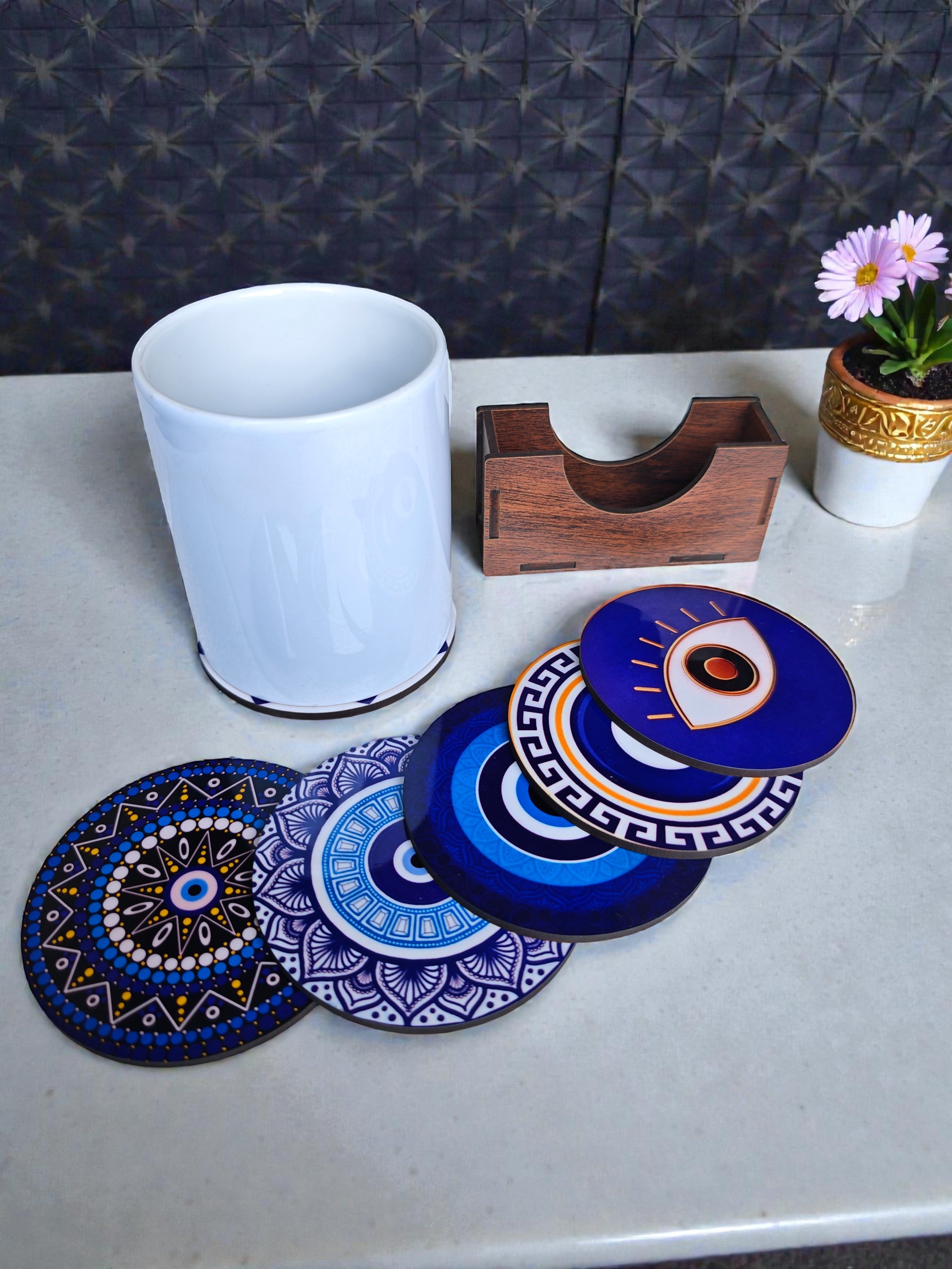 Evil eye themed coaster set of 6 with stand