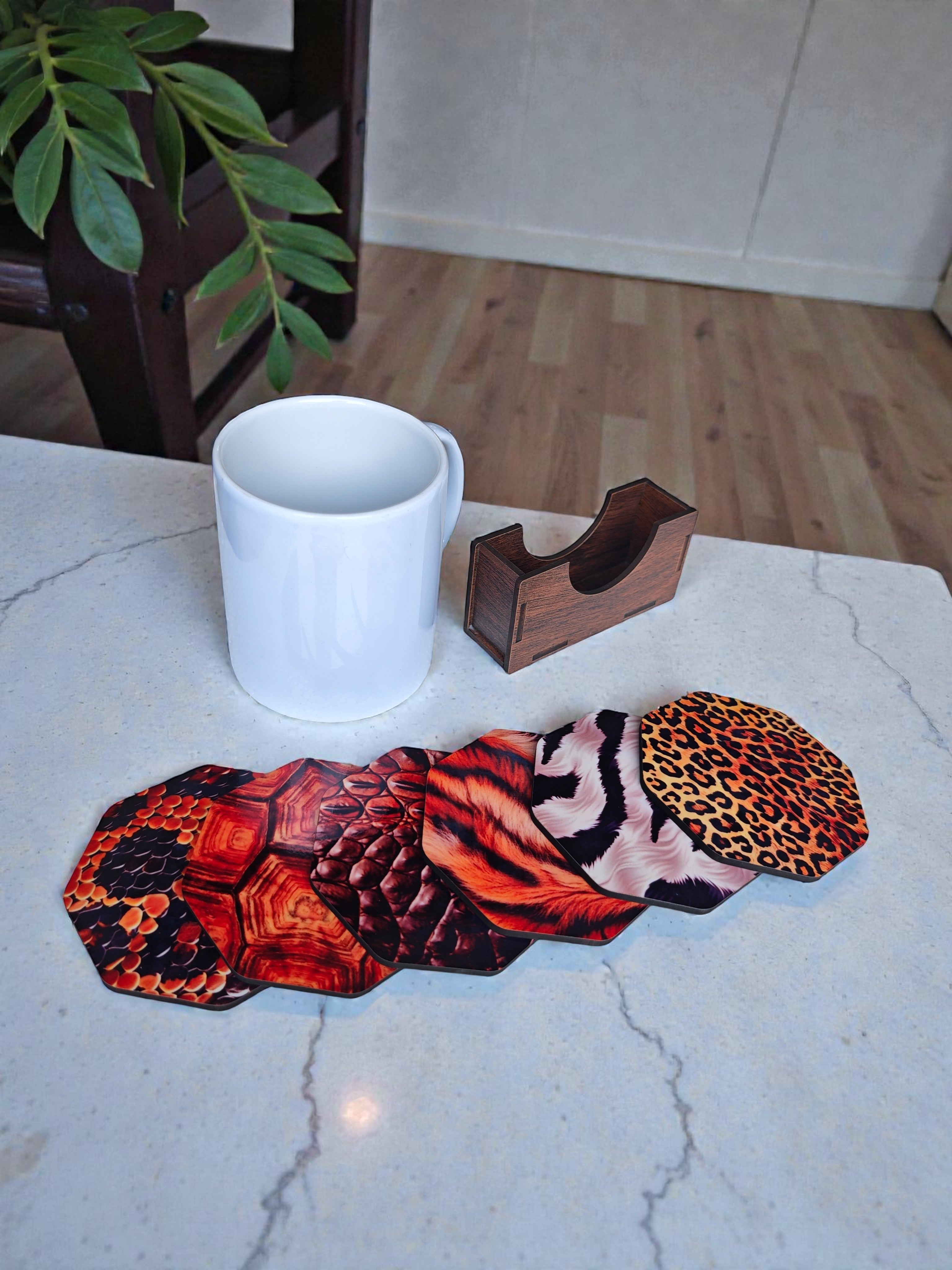 Animal skin theme wooden coaster set of 6 with stand