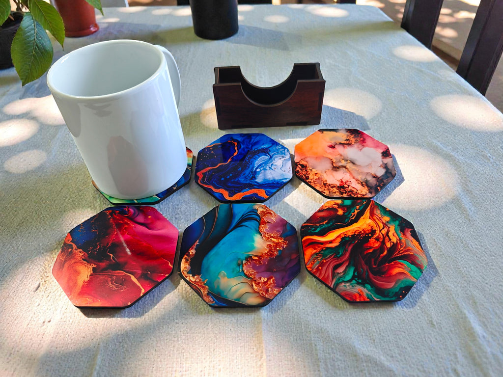 Marble theme coaster set of 6 with wooden holder