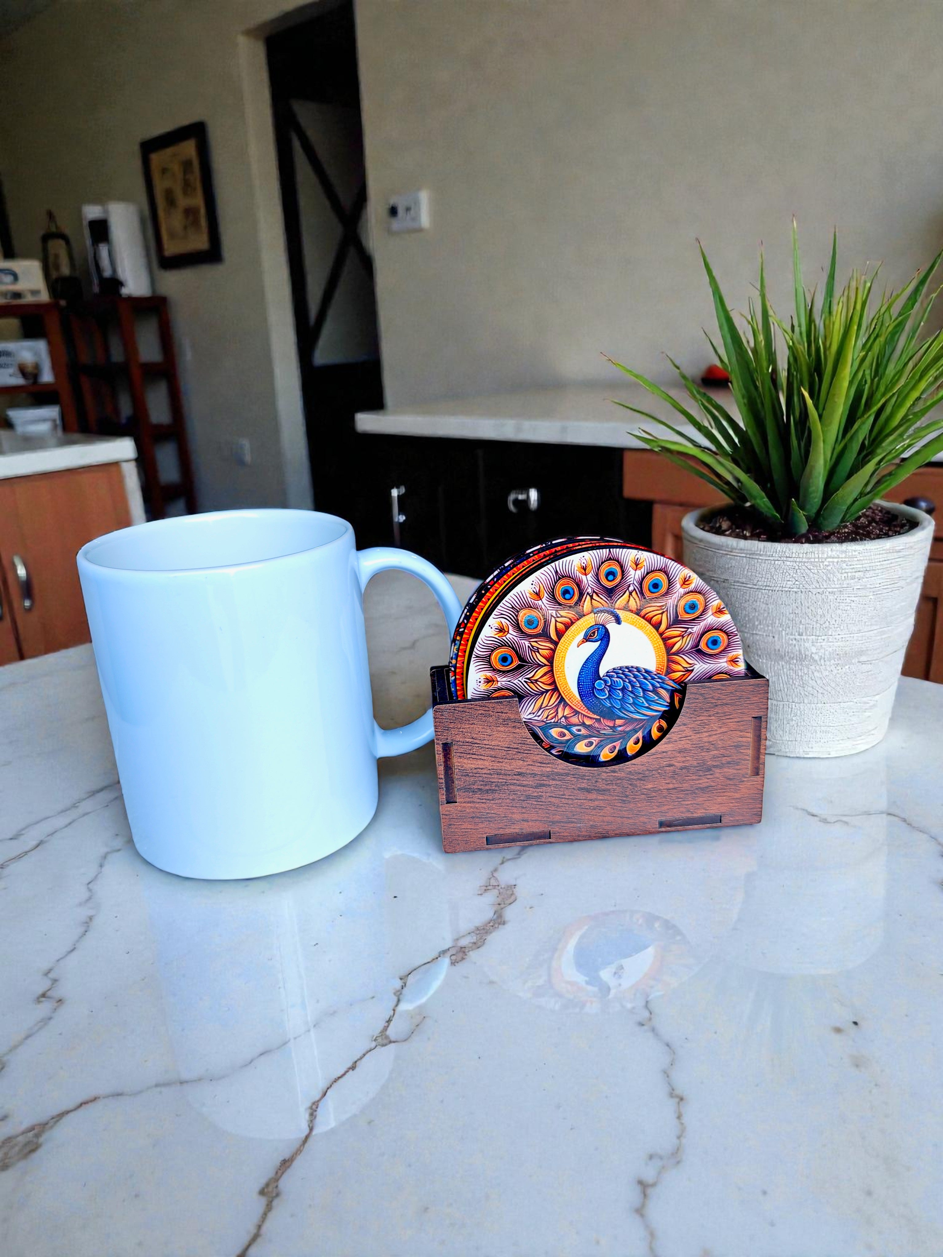 peacock mandala theme Coaster set of 6 with stand