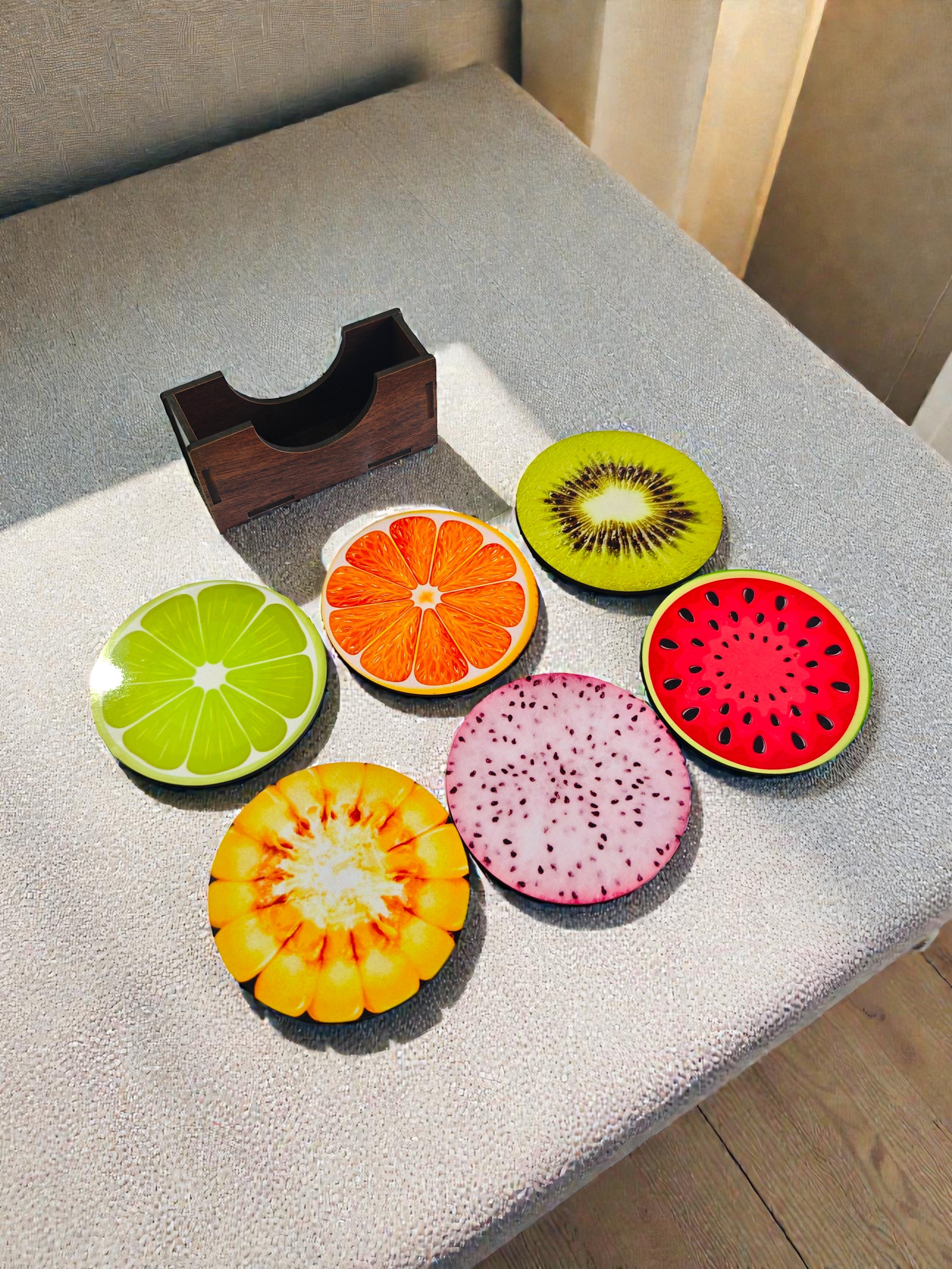 Fruit theme round wooden coaster set of 6 with stand
