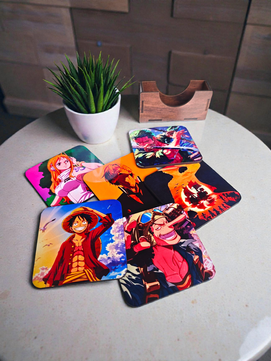 Wooden coaster set of 6 with stand ,One piece anime theme squre coaster