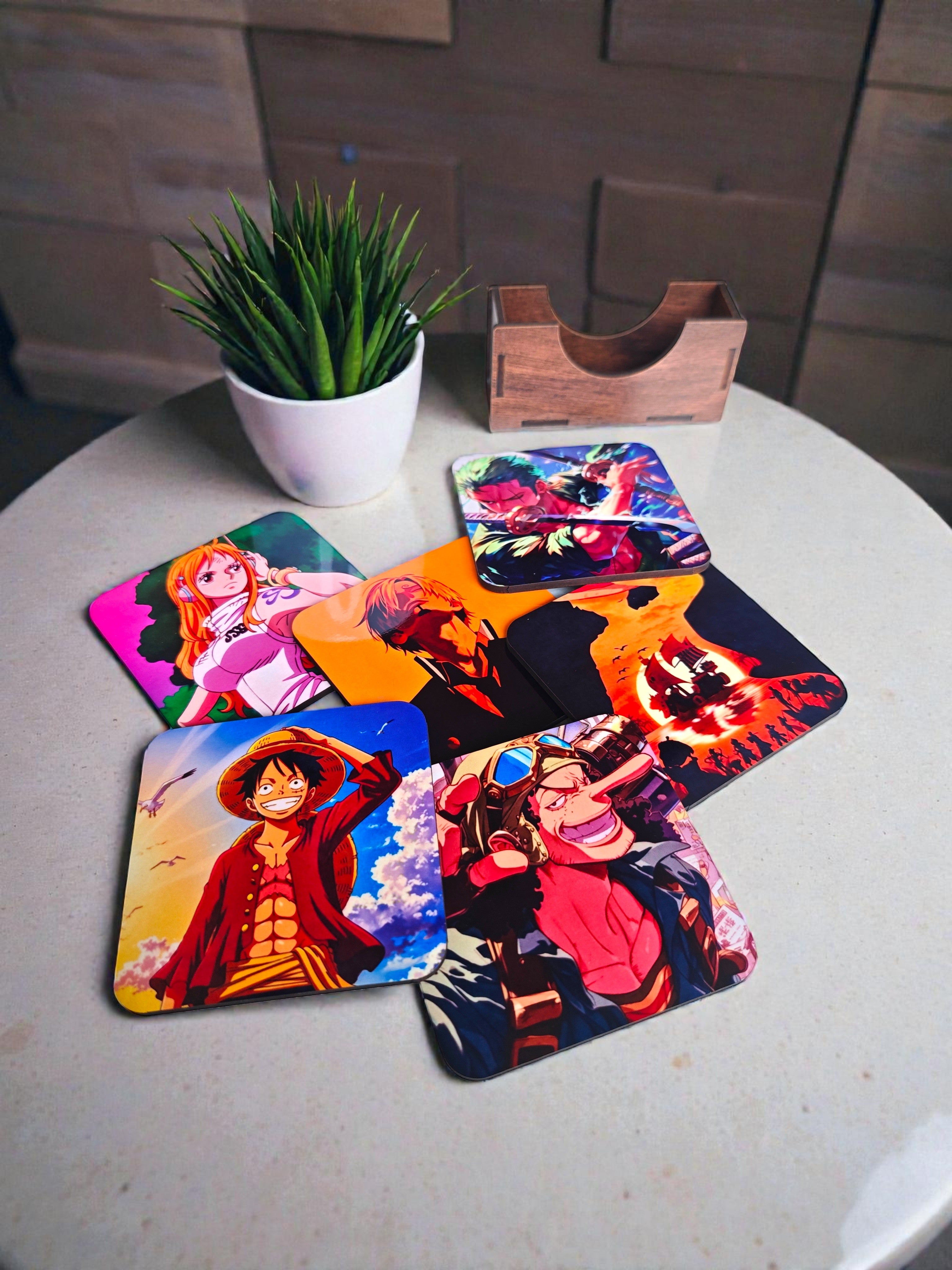 Wooden coaster set of 6 with stand ,One piece anime theme squre coaster