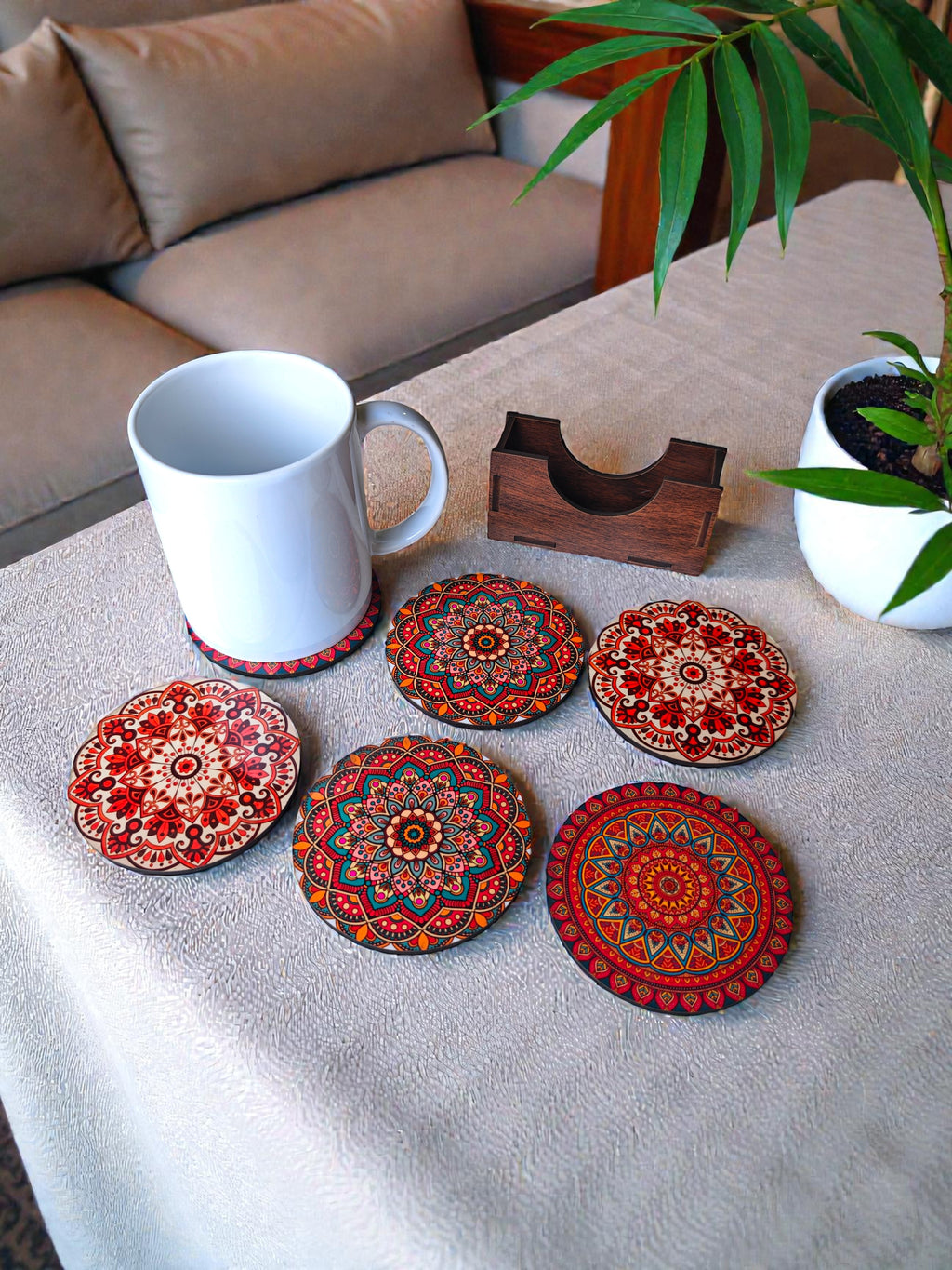 Mandala theme coaster set of 6 with stand round shape