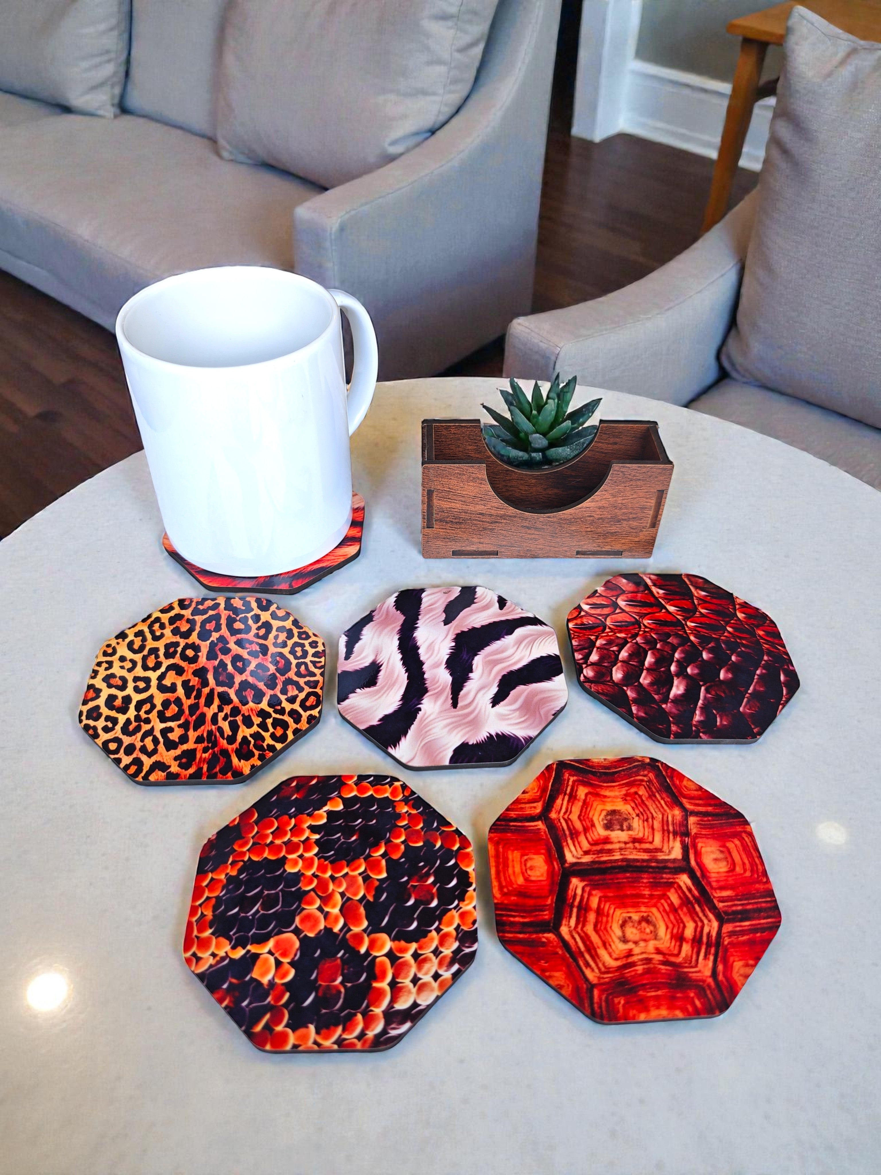 Animal skin theme wooden coaster set of 6 with stand