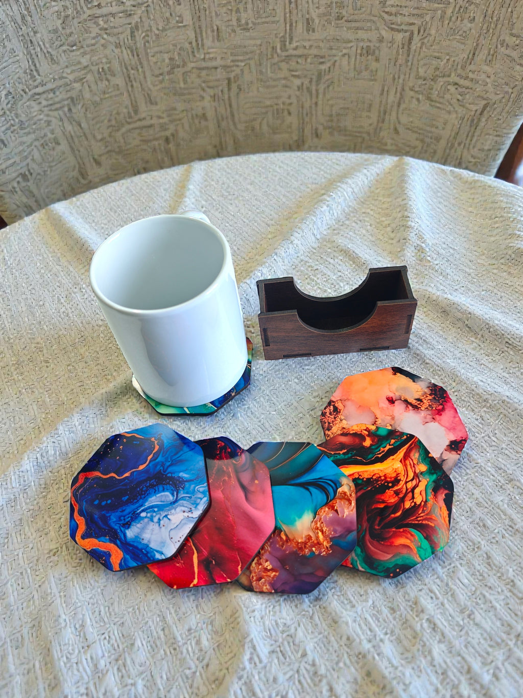 Marble theme coaster set of 6 with wooden holder