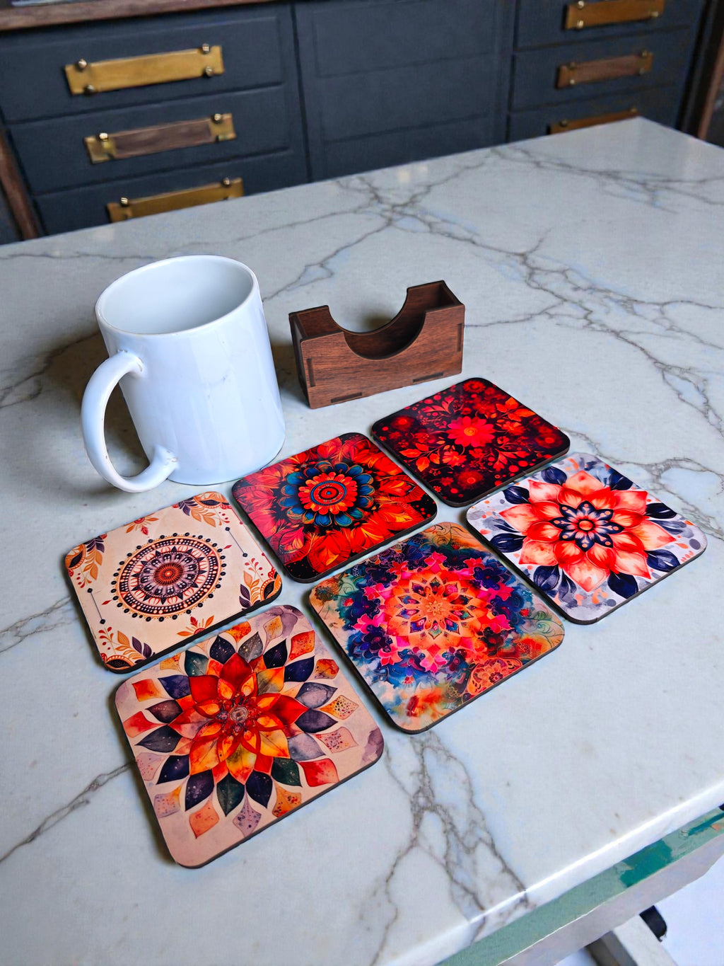 Floral theme wooden coaster set of 6 with stand squre