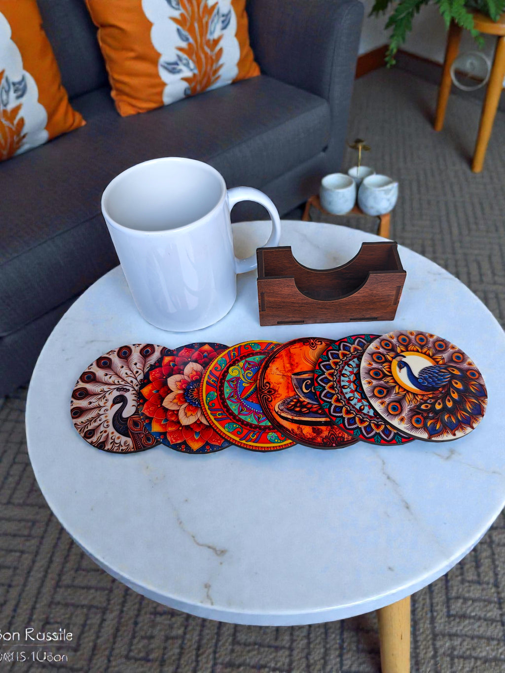peacock mandala theme Coaster set of 6 with stand