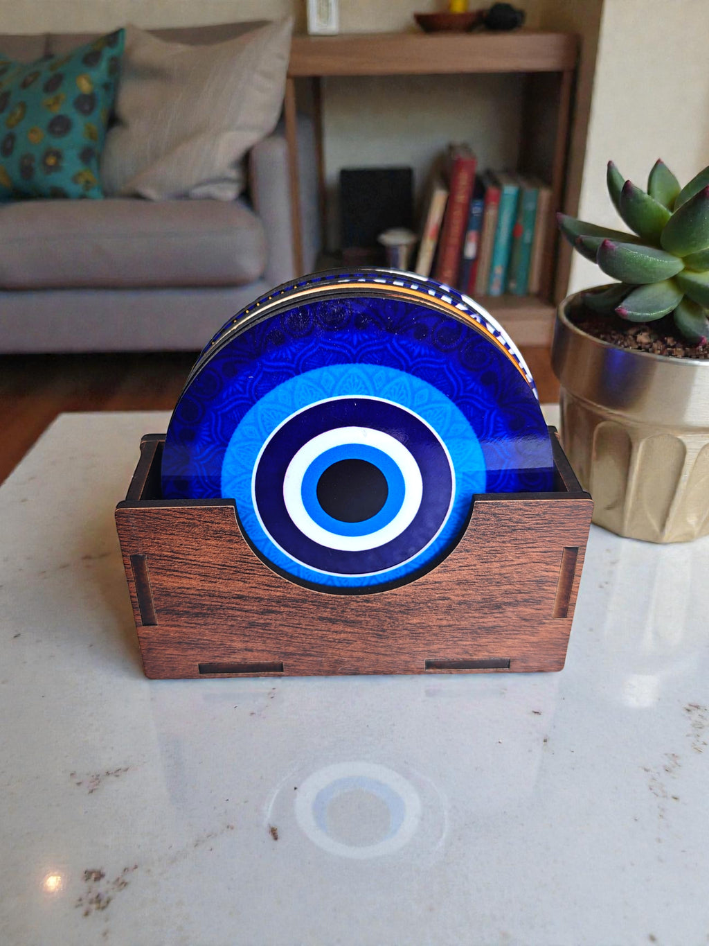 Evil eye themed coaster set of 6 with stand