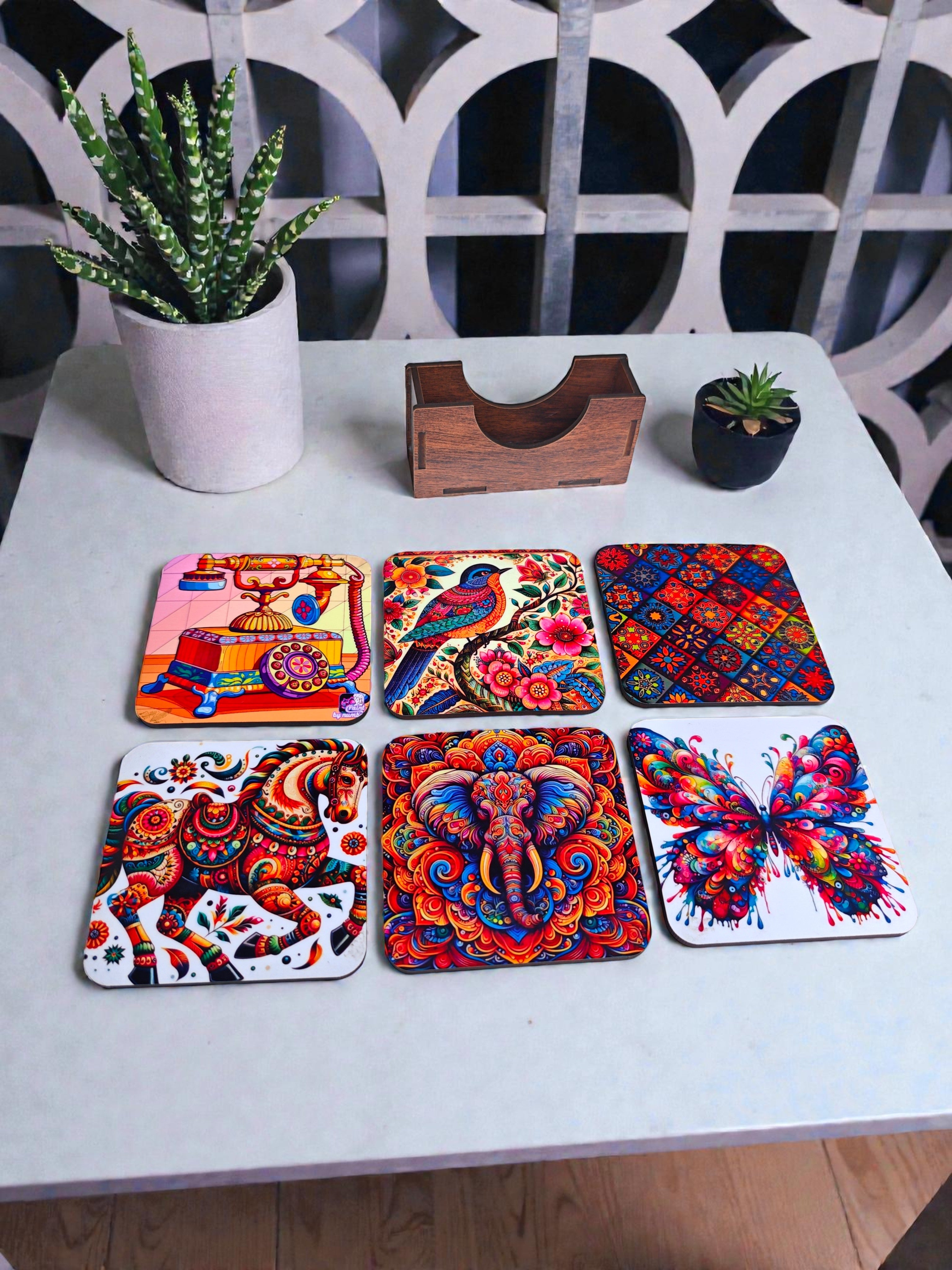 Indian quirky theme coaster set of 6 with holder round shape