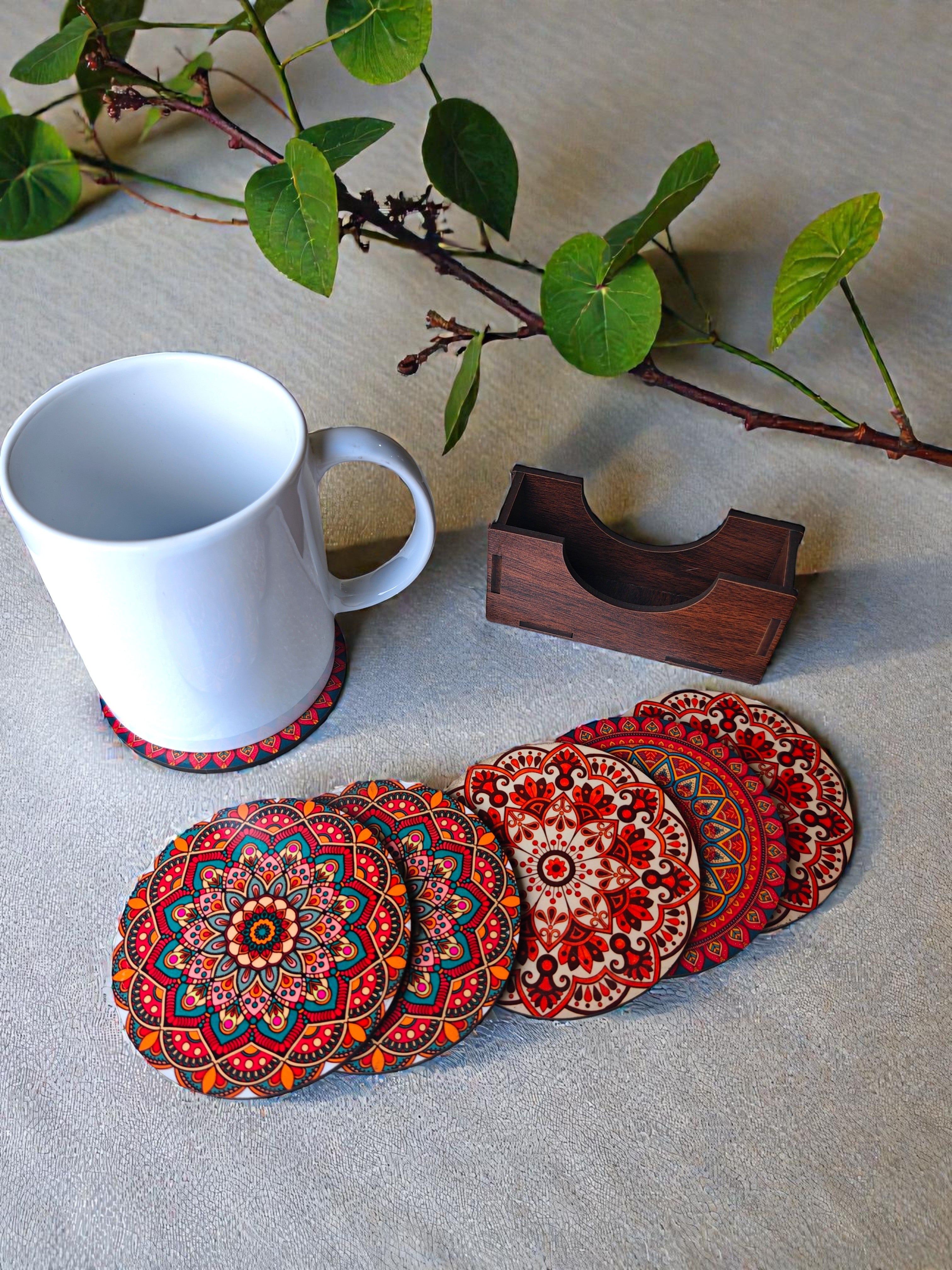 Mandala theme coaster set of 6 with stand round shape