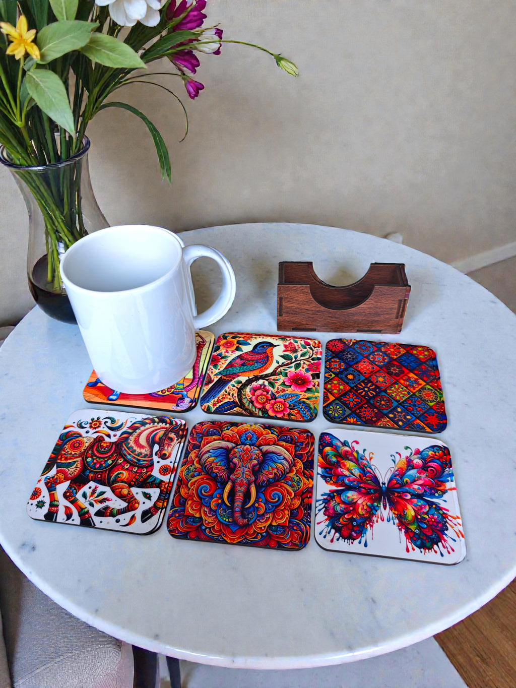 Indian quirky theme coaster set of 6 with holder round shape