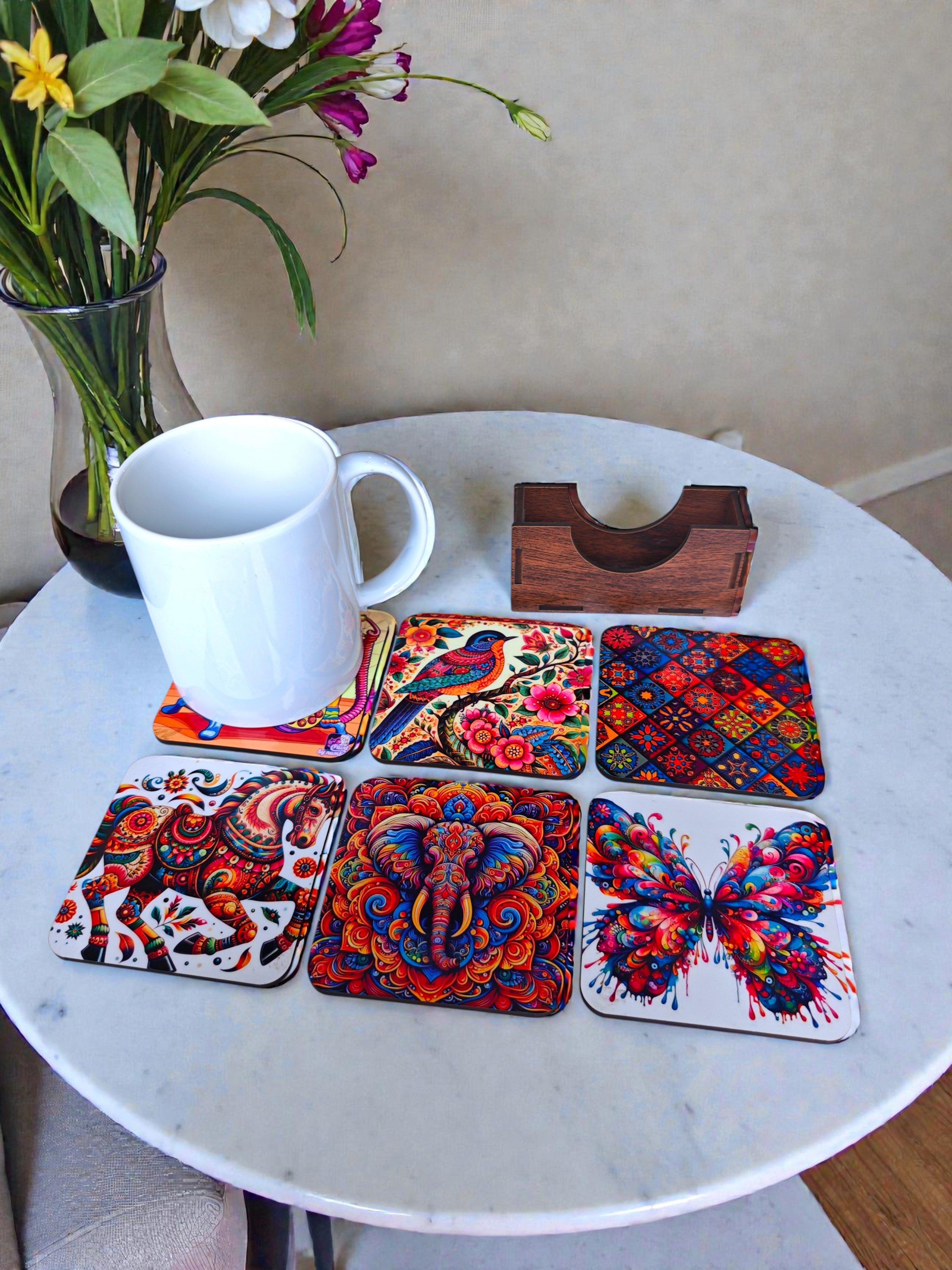 Indian quirky theme coaster set of 6 with holder round shape