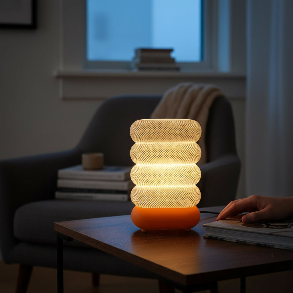 3D Printed orange white table lamp squre shape