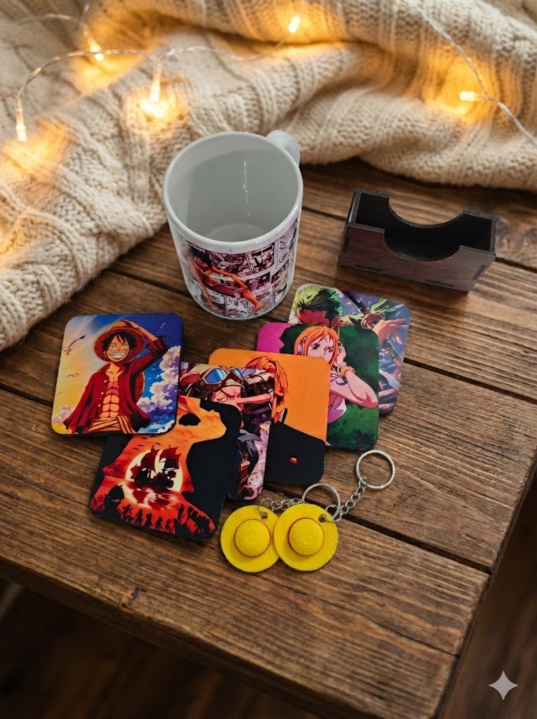 One piece gift combo 1 mug coasterset and 2 luffyhat keychain