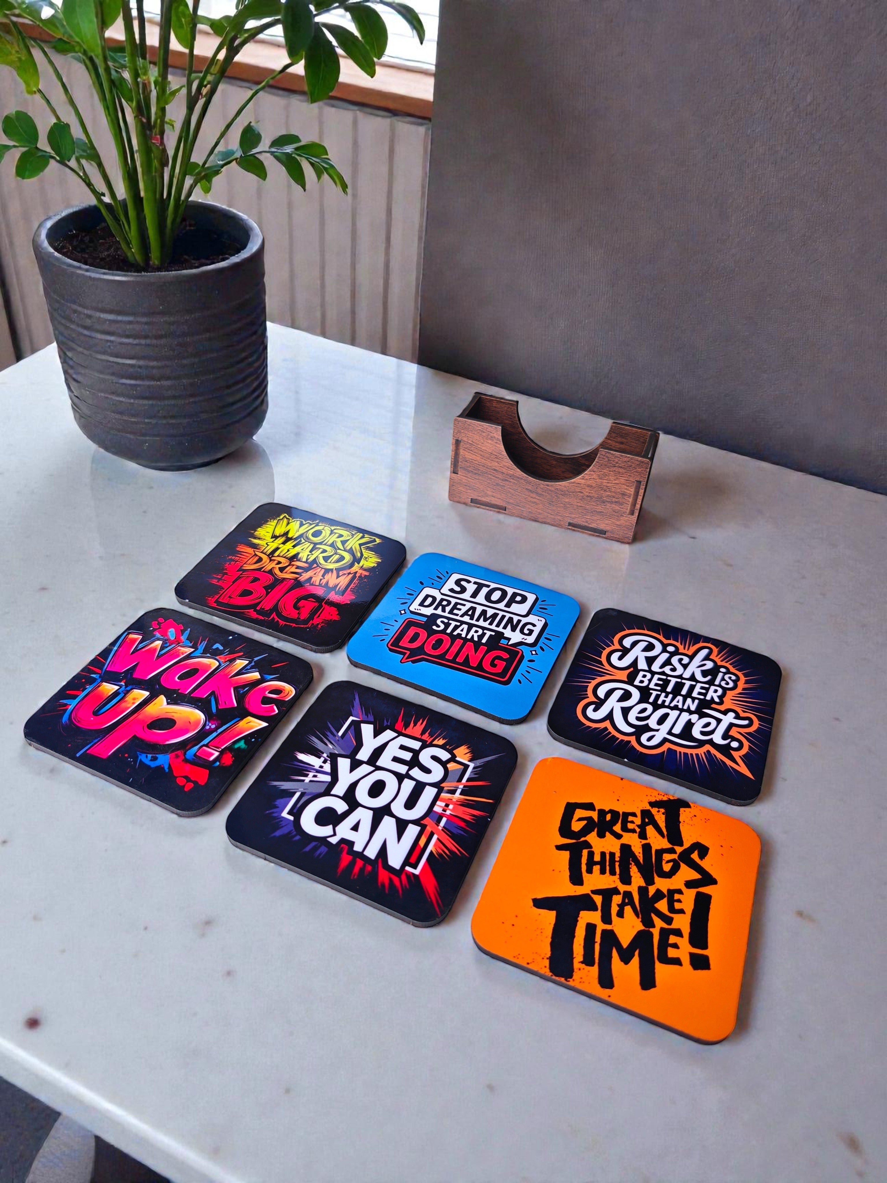 Motivational quotes quirky coaster set of 6 with stand