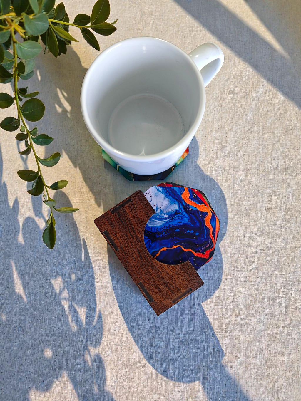 Marble theme coaster set of 6 with wooden holder