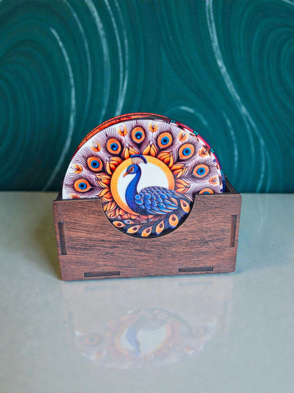 peacock mandala theme Coaster set of 6 with stand