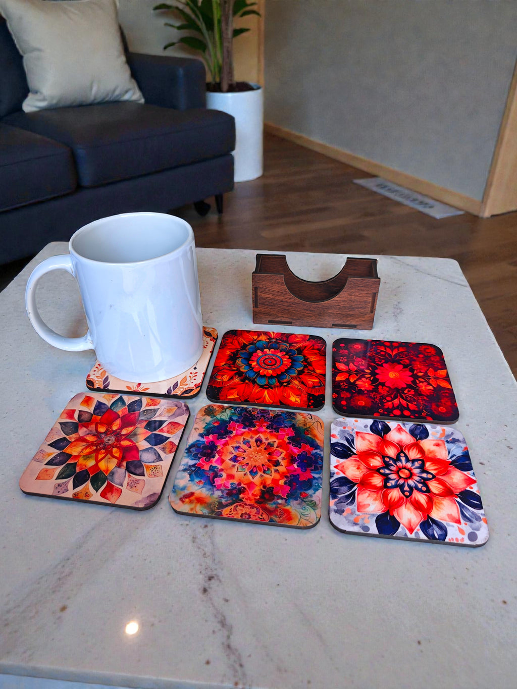 Floral theme wooden coaster set of 6 with stand squre