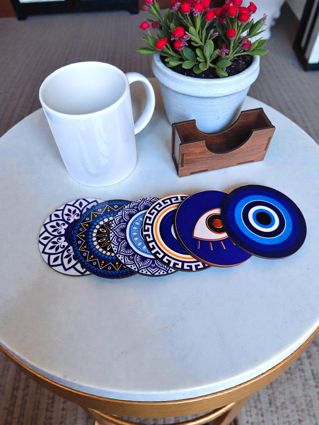 Evil eye themed coaster set of 6 with stand