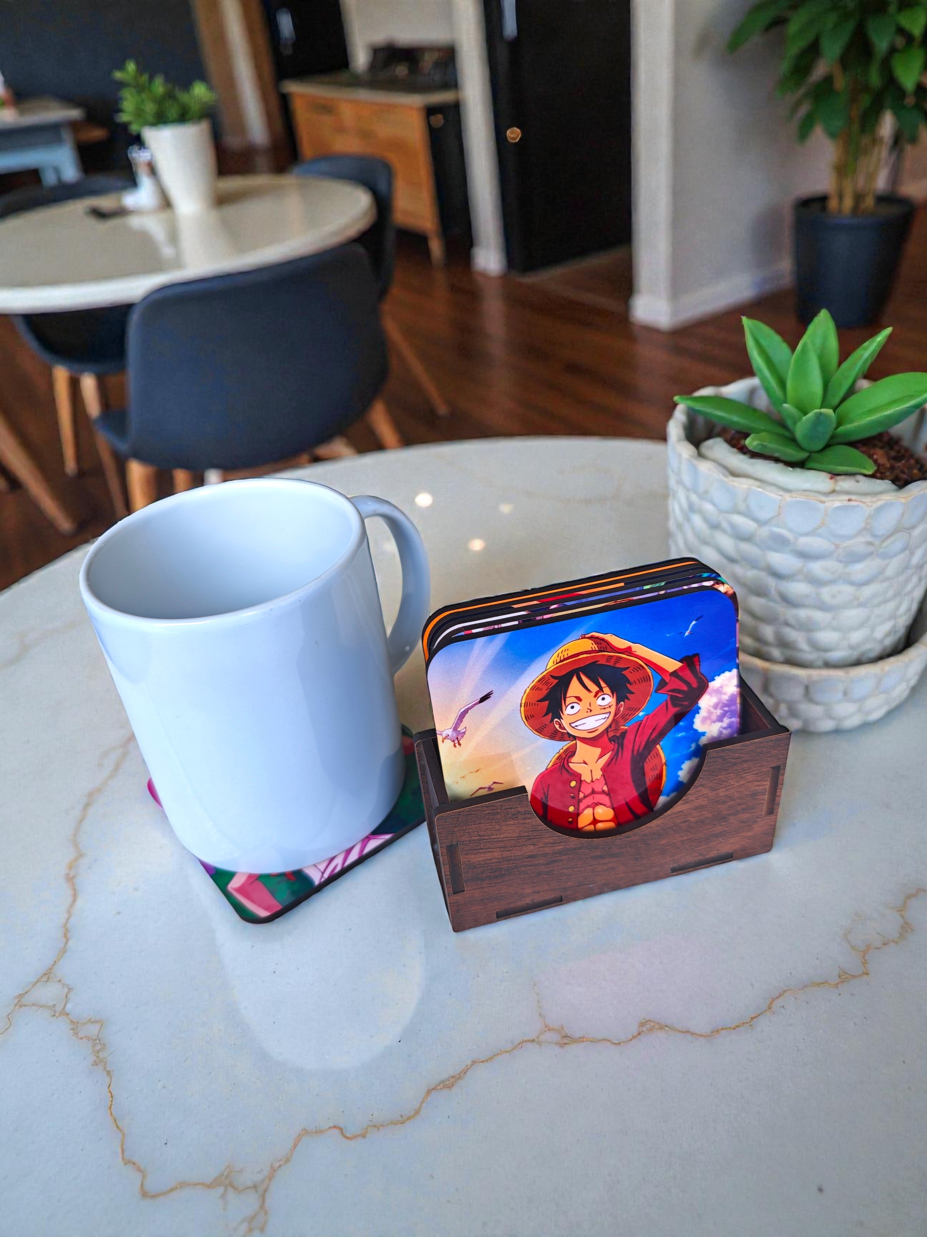 Wooden coaster set of 6 with stand ,One piece anime theme squre coaster