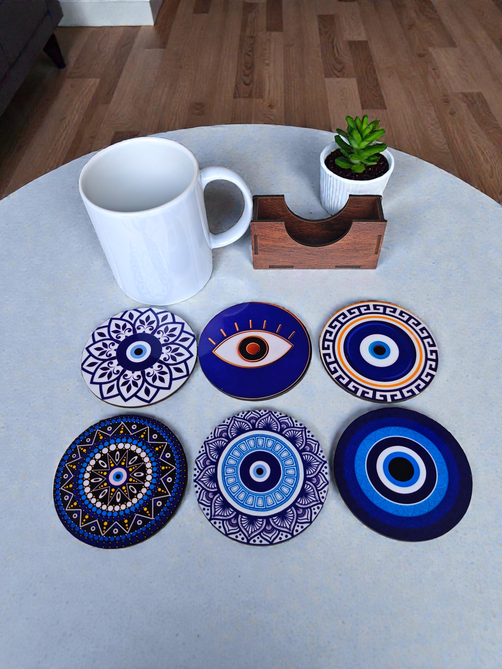 Evil eye themed coaster set of 6 with stand