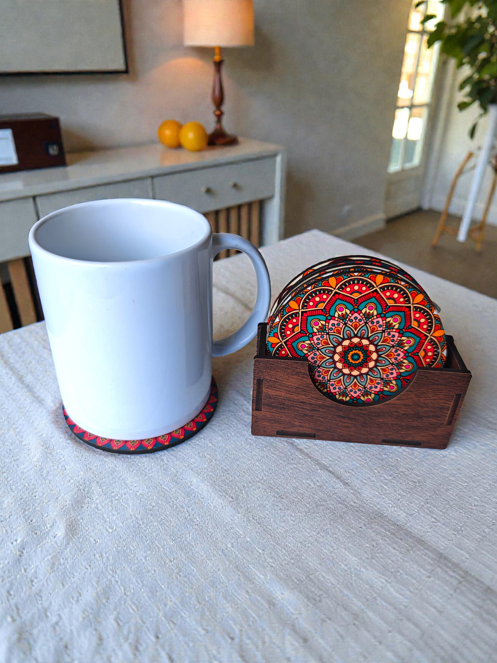 Mandala theme coaster set of 6 with stand round shape