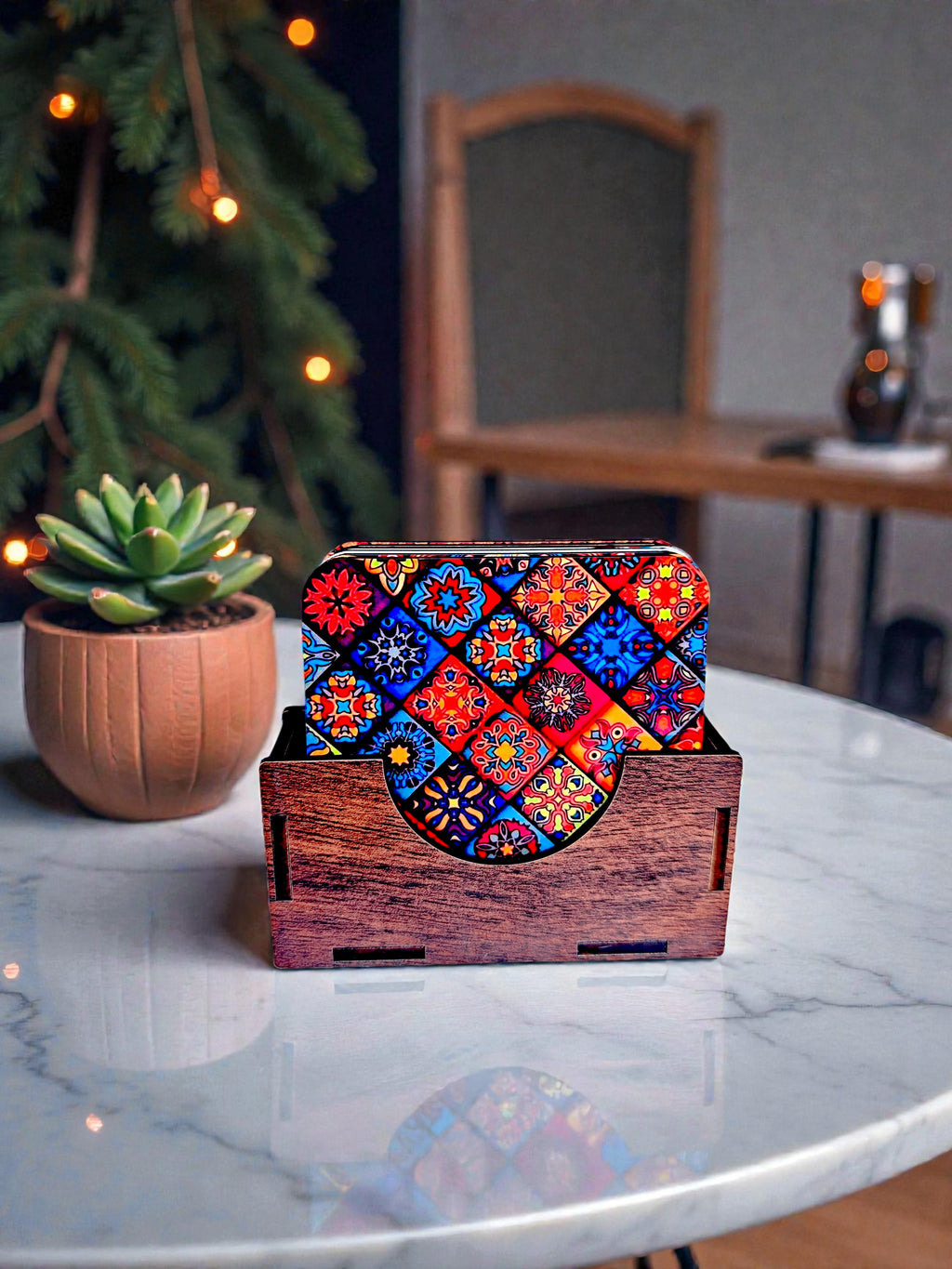 Indian quirky theme coaster set of 6 with holder round shape