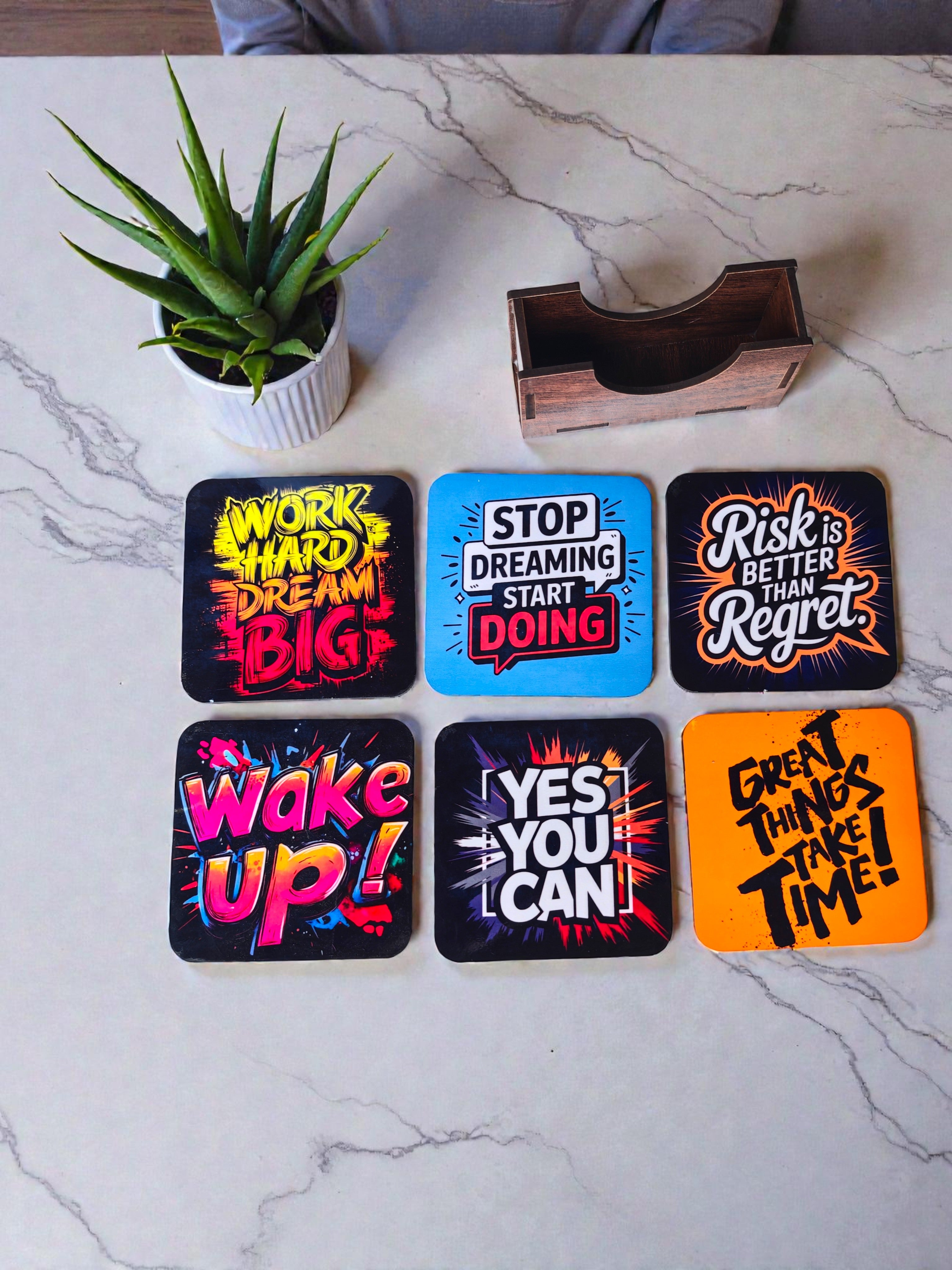 Motivational quotes quirky coaster set of 6 with stand