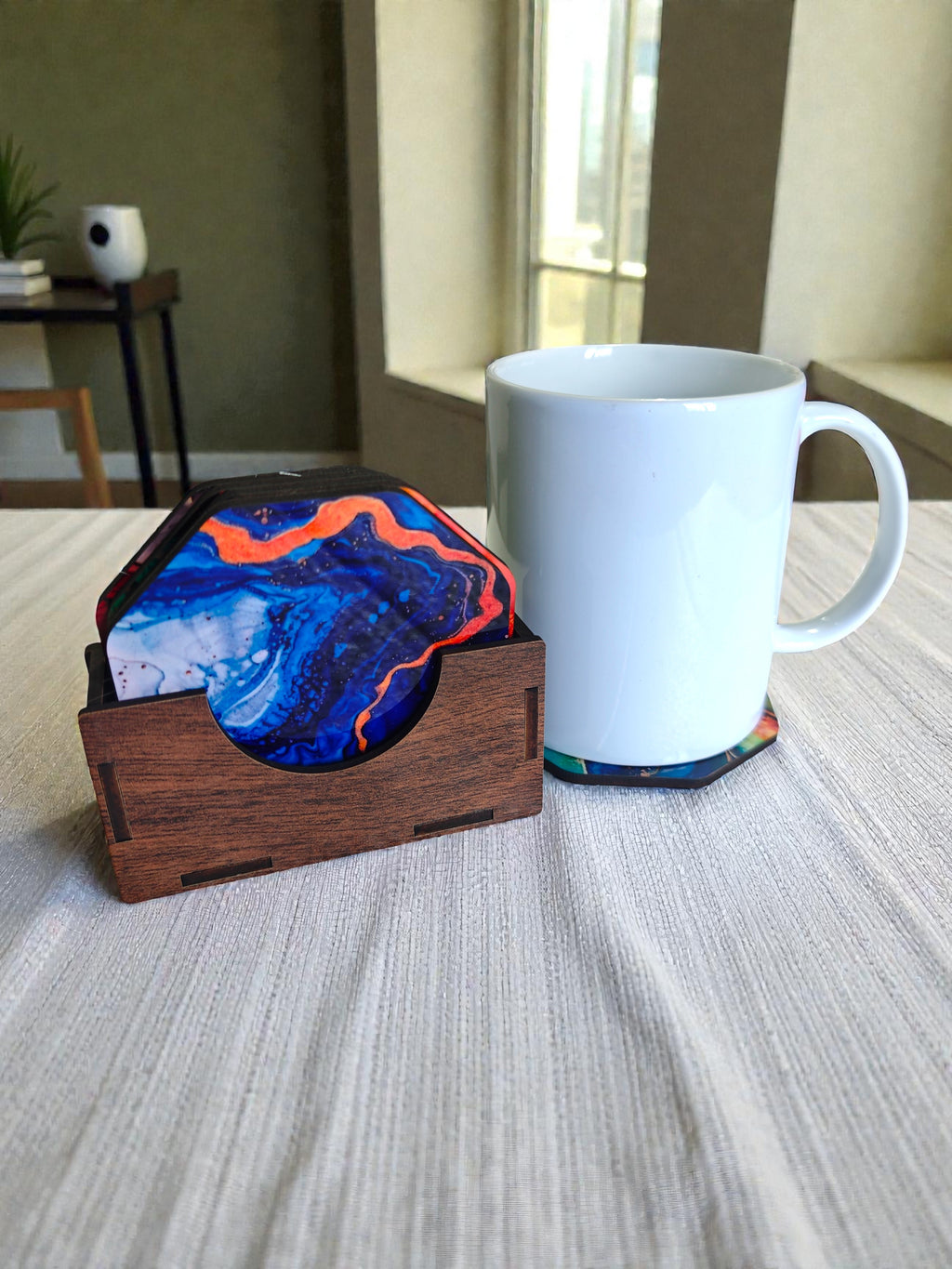 Marble theme coaster set of 6 with wooden holder
