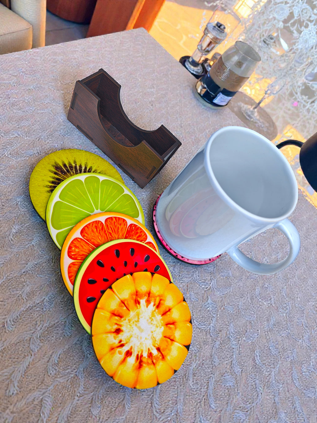 Fruit theme round wooden coaster set of 6 with stand