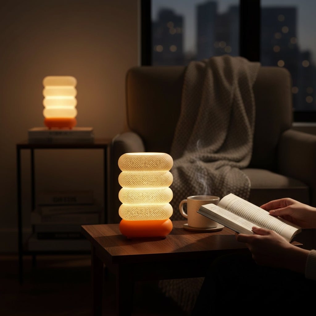 3D Printed orange white table lamp squre shape