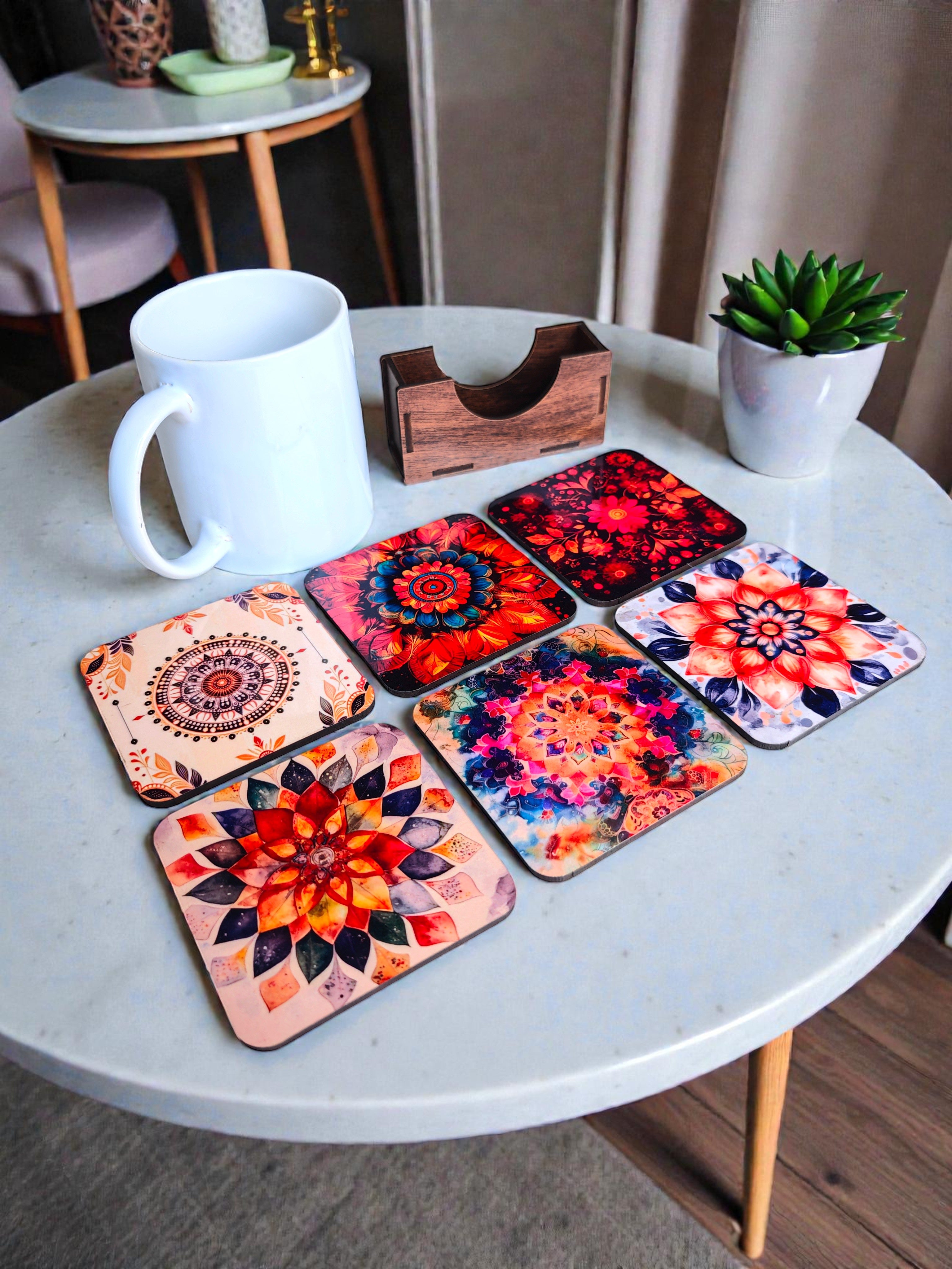 Floral theme wooden coaster set of 6 with stand squre