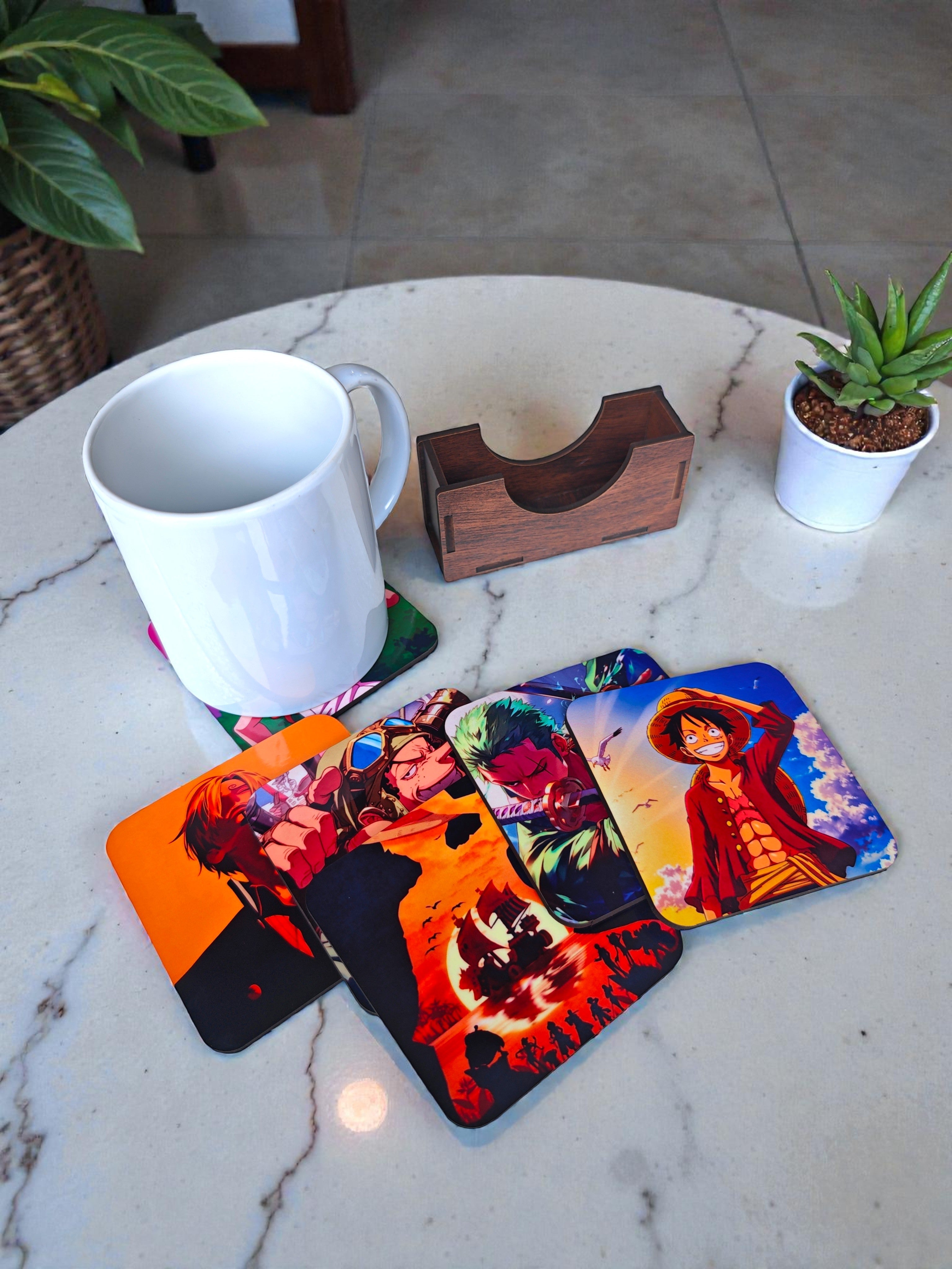 Wooden coaster set of 6 with stand ,One piece anime theme squre coaster
