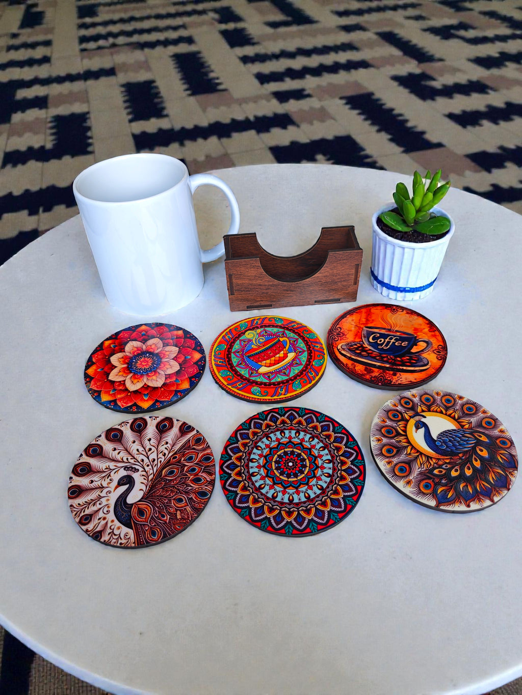 peacock mandala theme Coaster set of 6 with stand