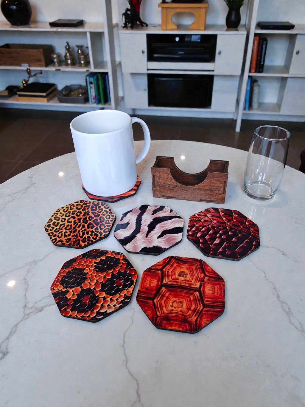 Animal skin theme wooden coaster set of 6 with stand