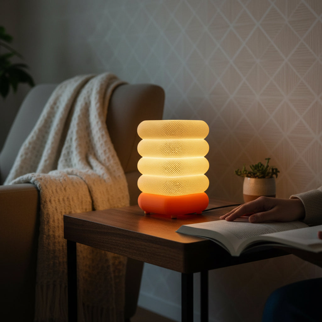 3D Printed orange white table lamp squre shape