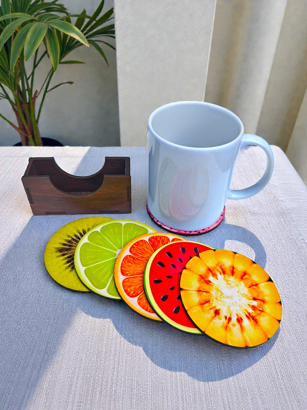 Fruit theme round wooden coaster set of 6 with stand
