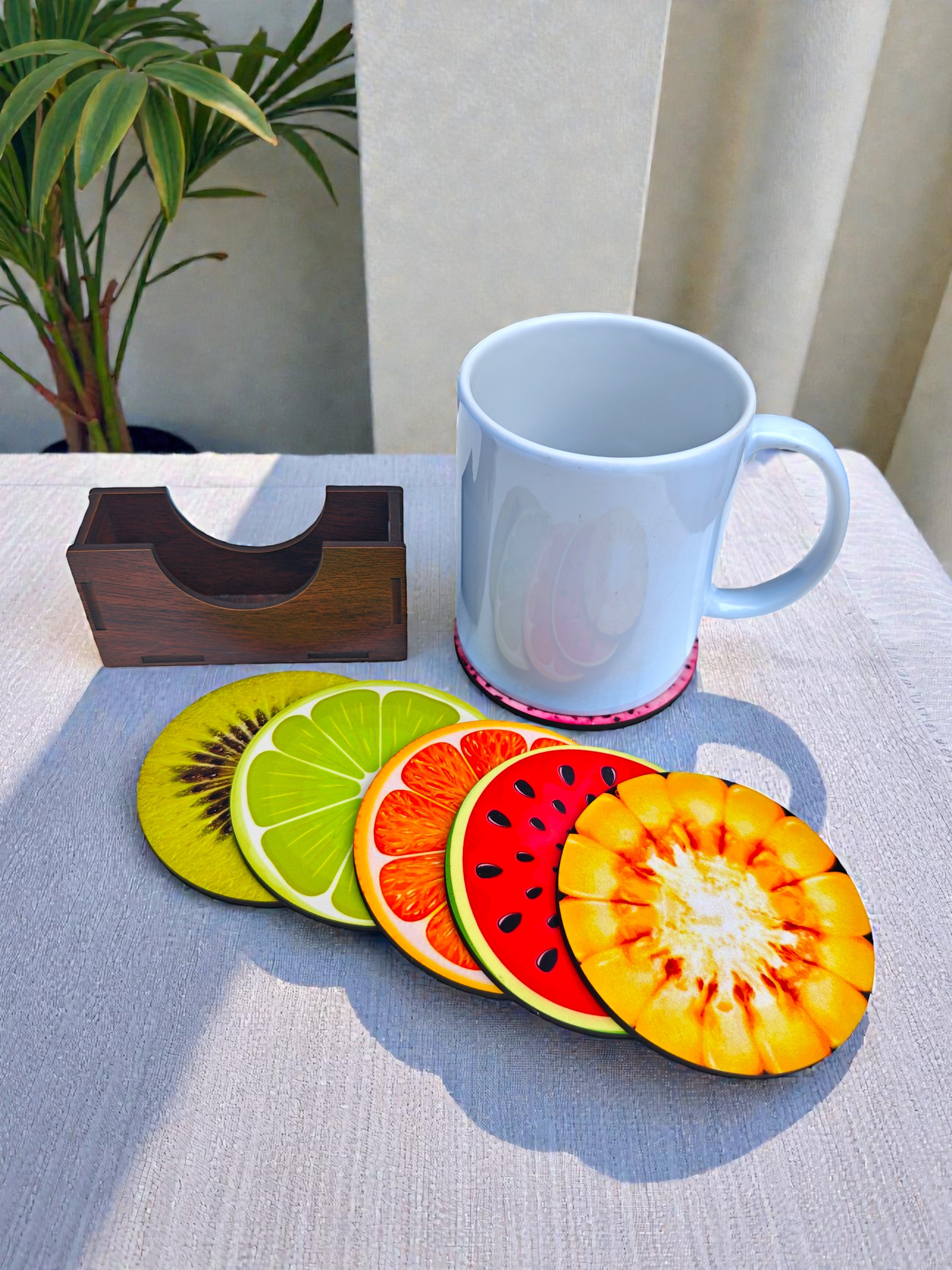 Fruit theme round wooden coaster set of 6 with stand