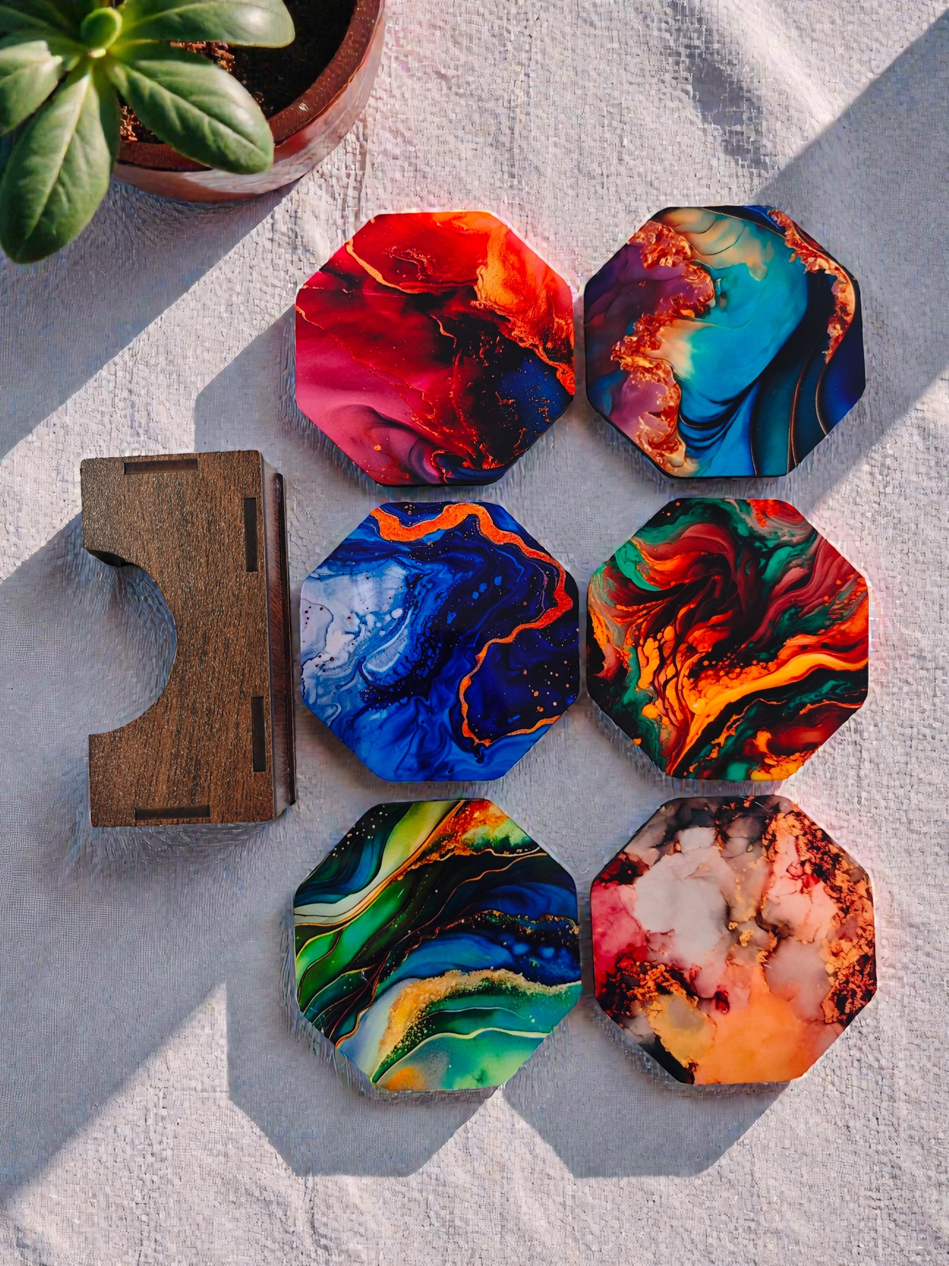 Marble theme coaster set of 6 with wooden holder