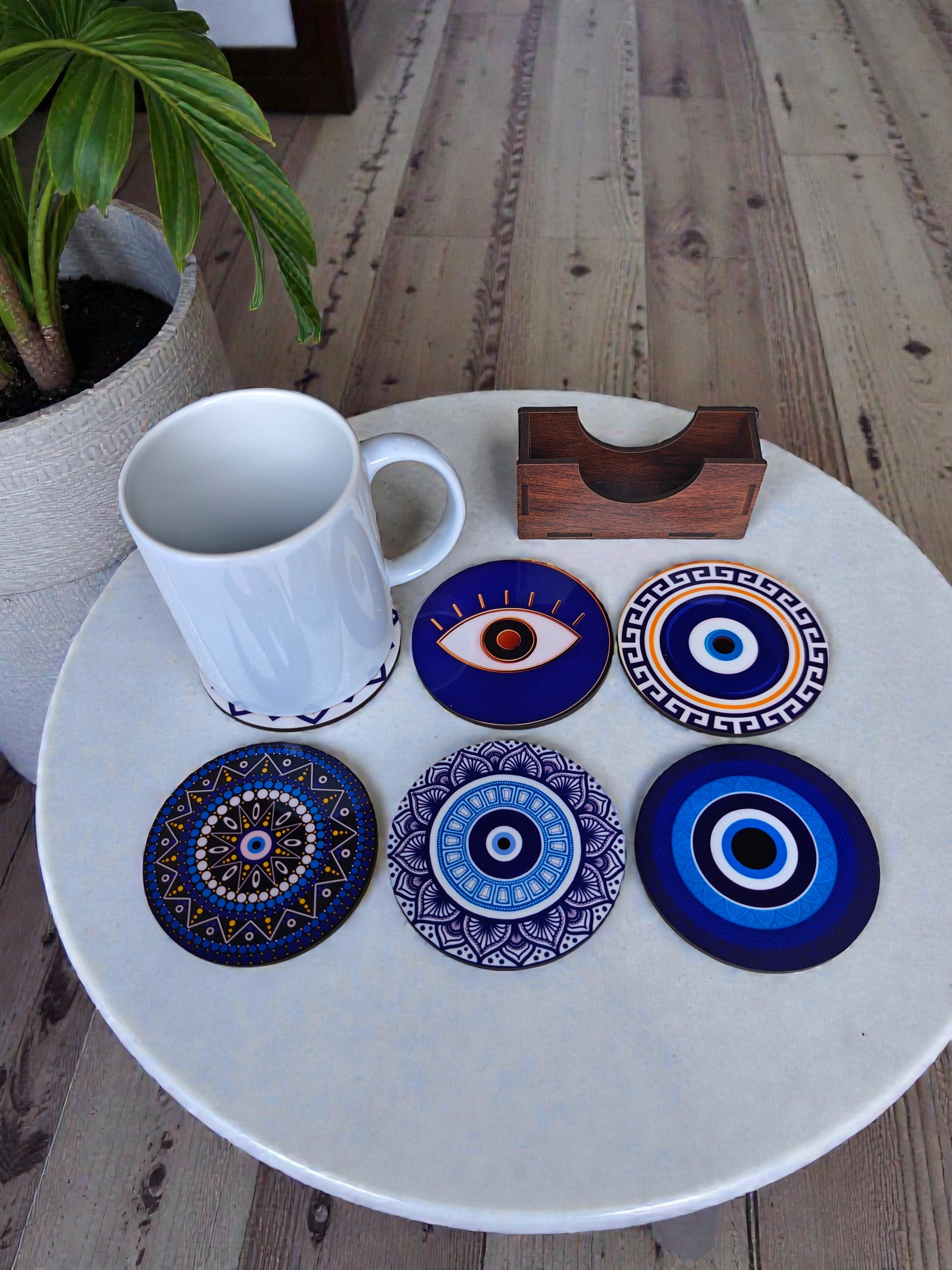 Evil eye themed coaster set of 6 with stand