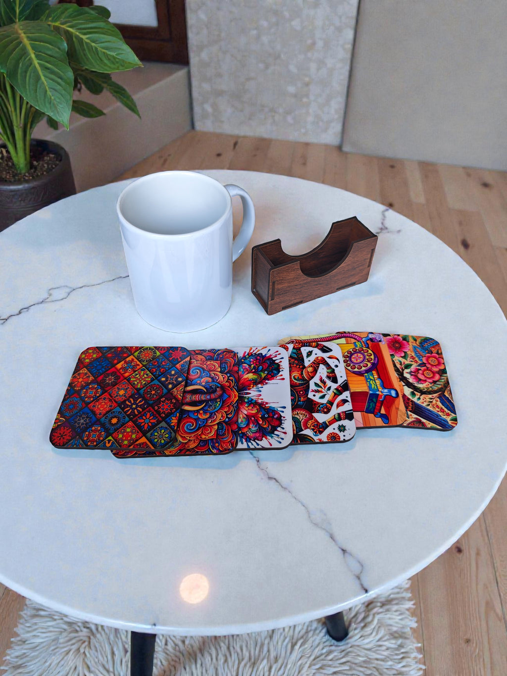 Indian quirky theme coaster set of 6 with holder round shape