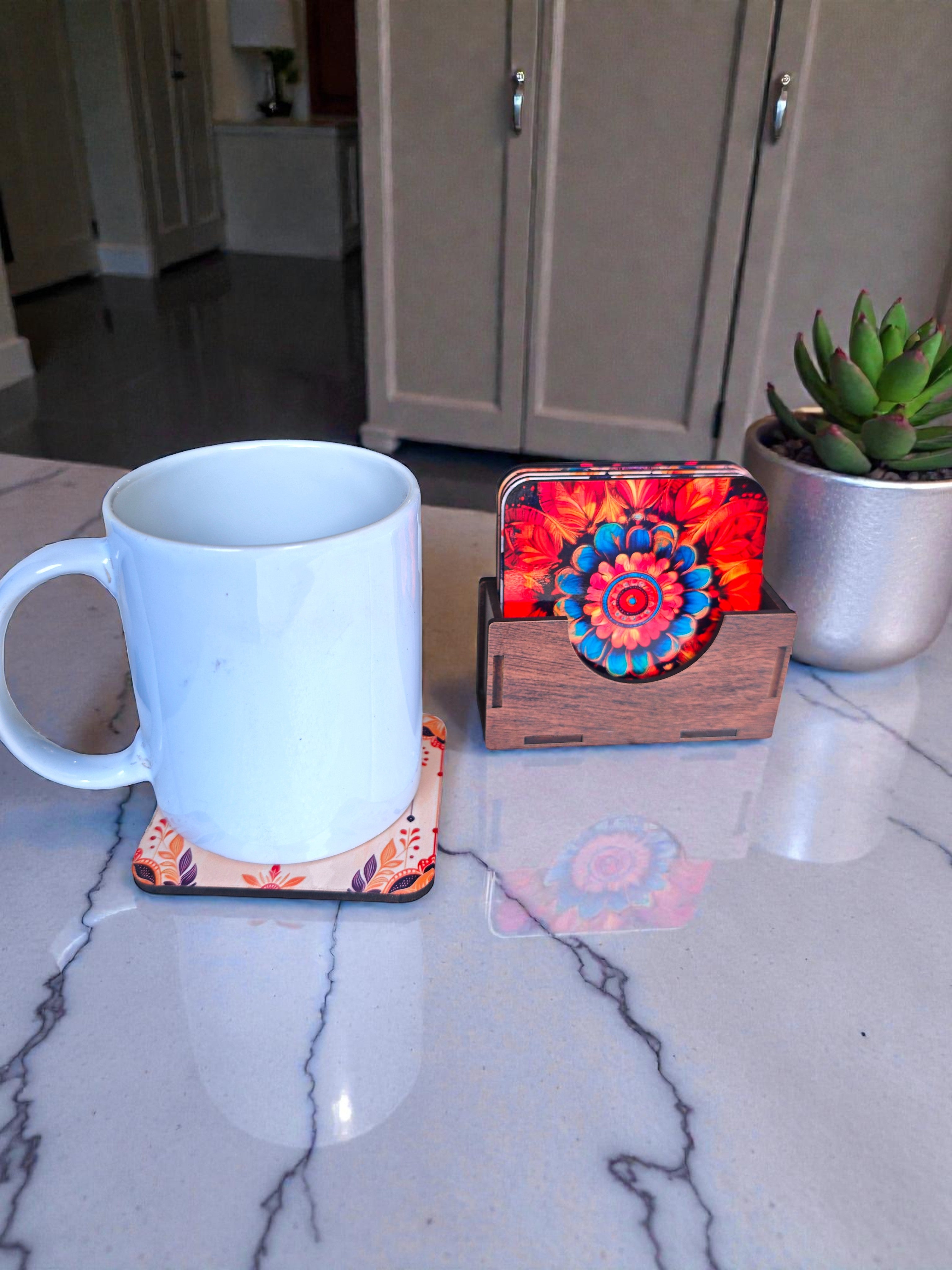 Floral theme wooden coaster set of 6 with stand squre