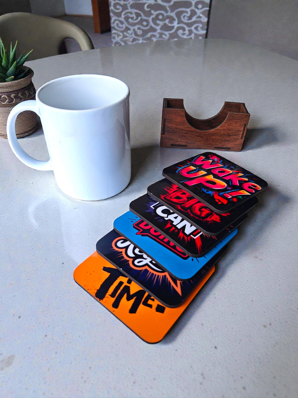 Motivational quotes quirky coaster set of 6 with stand