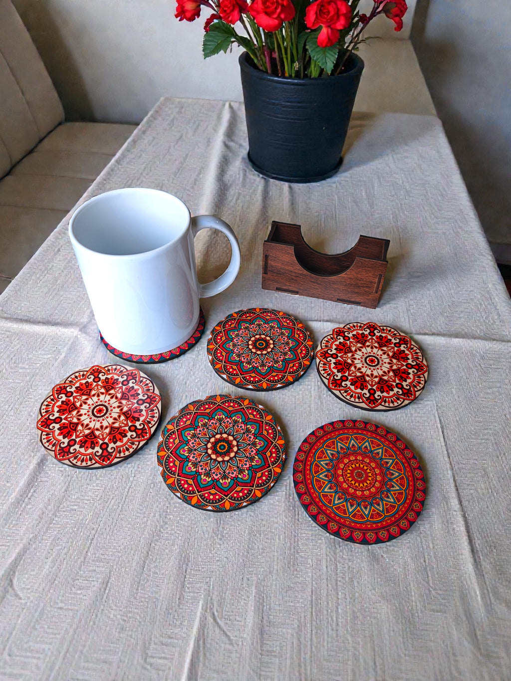 Mandala theme coaster set of 6 with stand round shape