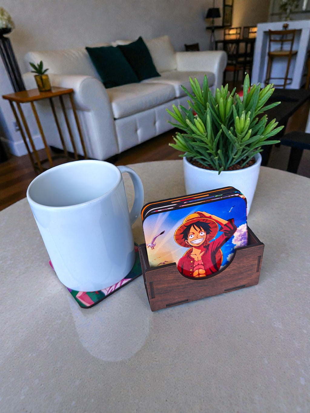 Wooden coaster set of 6 with stand ,One piece anime theme squre coaster