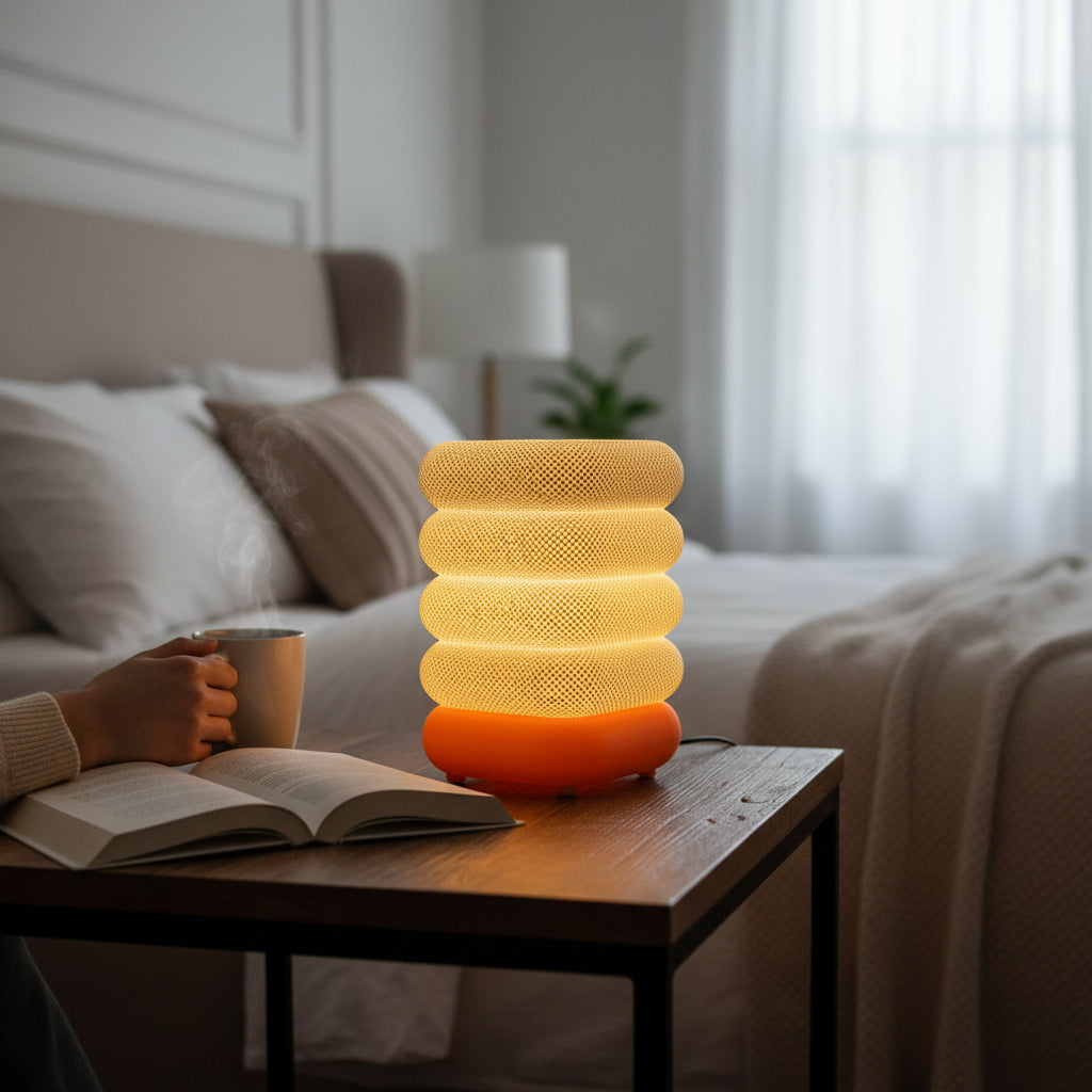 3D Printed orange white table lamp squre shape