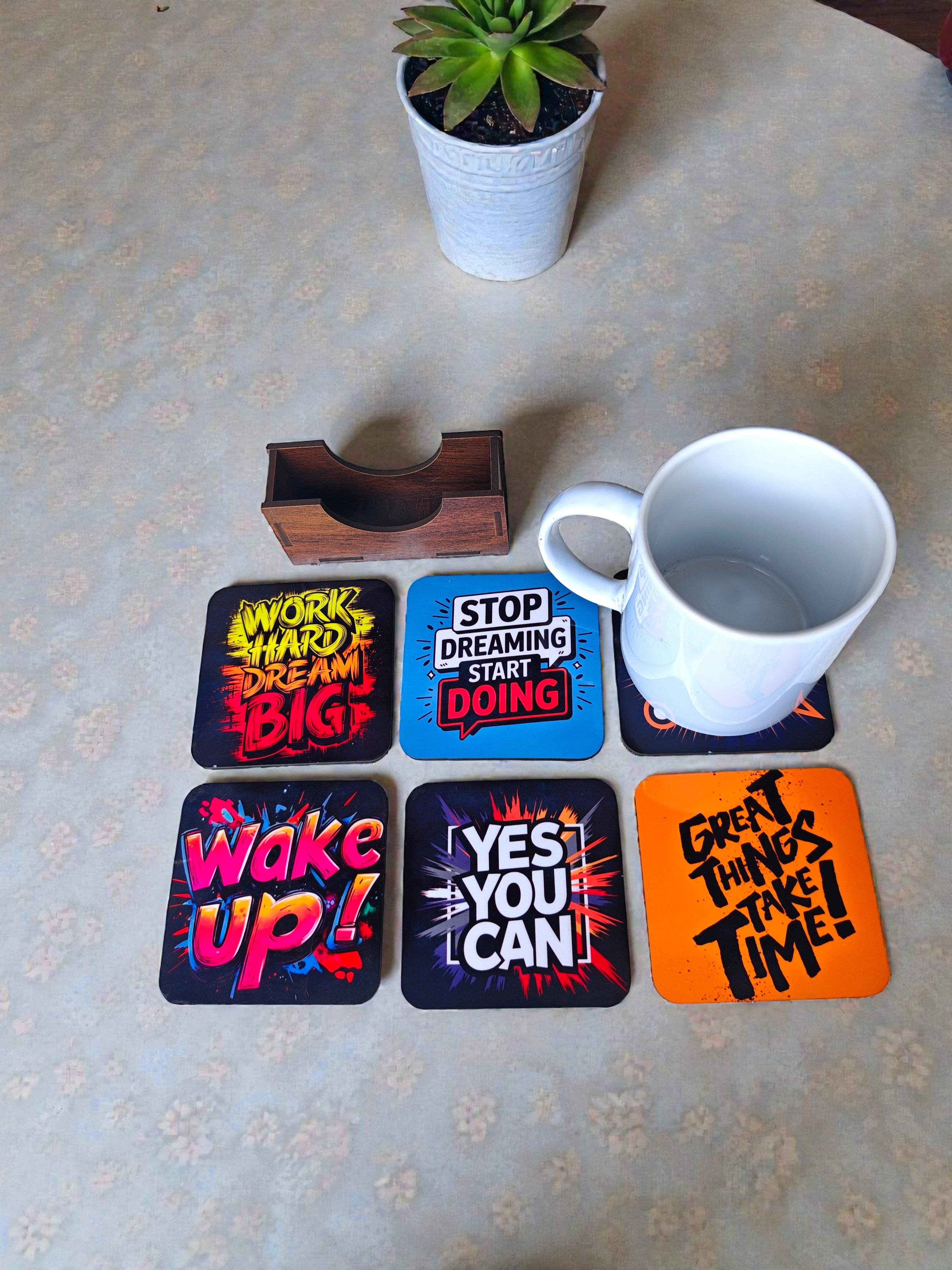 Motivational quotes quirky coaster set of 6 with stand