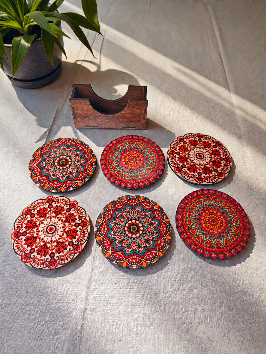 Mandala theme coaster set of 6 with stand round shape
