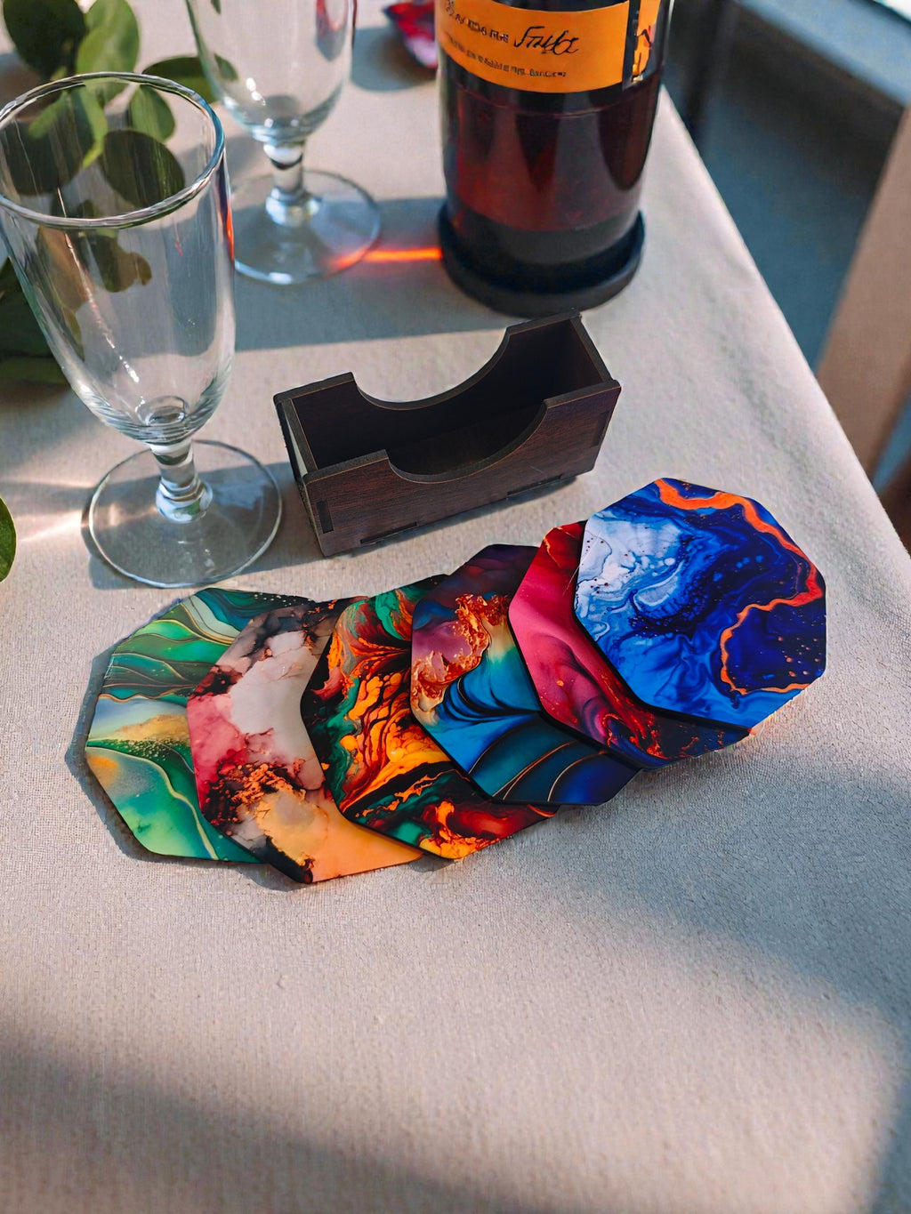Marble theme coaster set of 6 with wooden holder